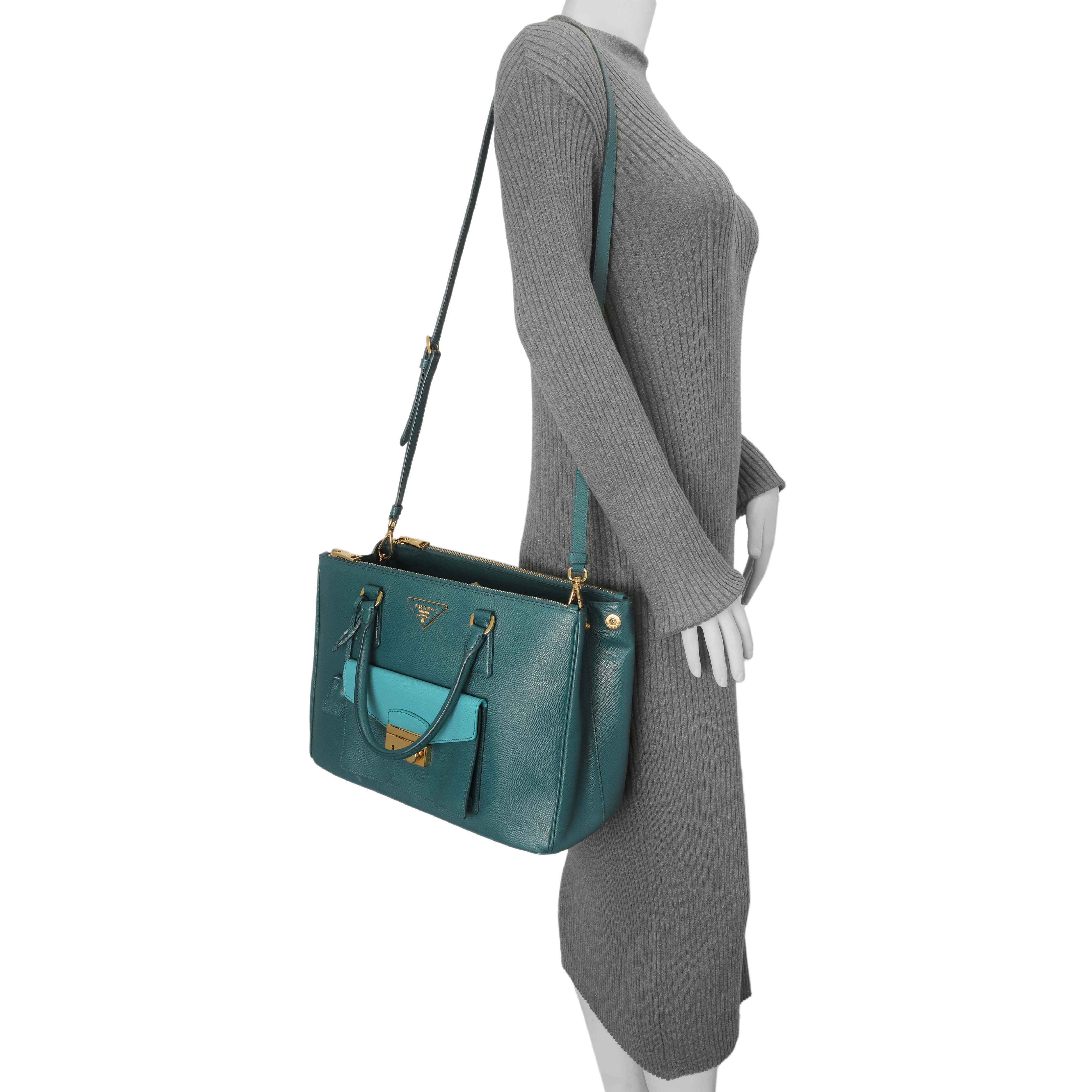 Prada Teal Saffiano Lux Galleria Front Pocket Tote - Image 11