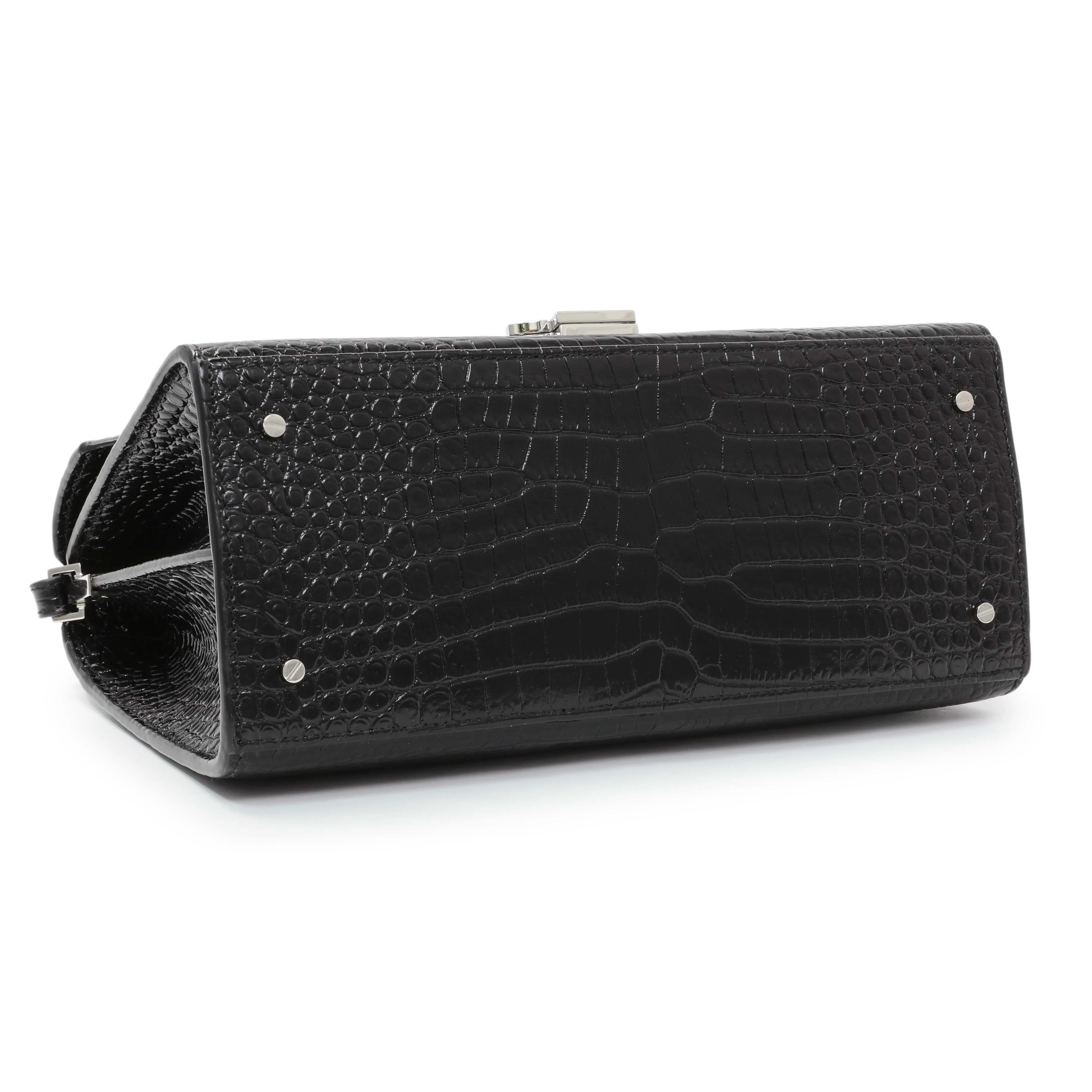 Saint Laurent Black Calfskin Crocodile Embossed Medium Cassandra Top Handle - Image 3