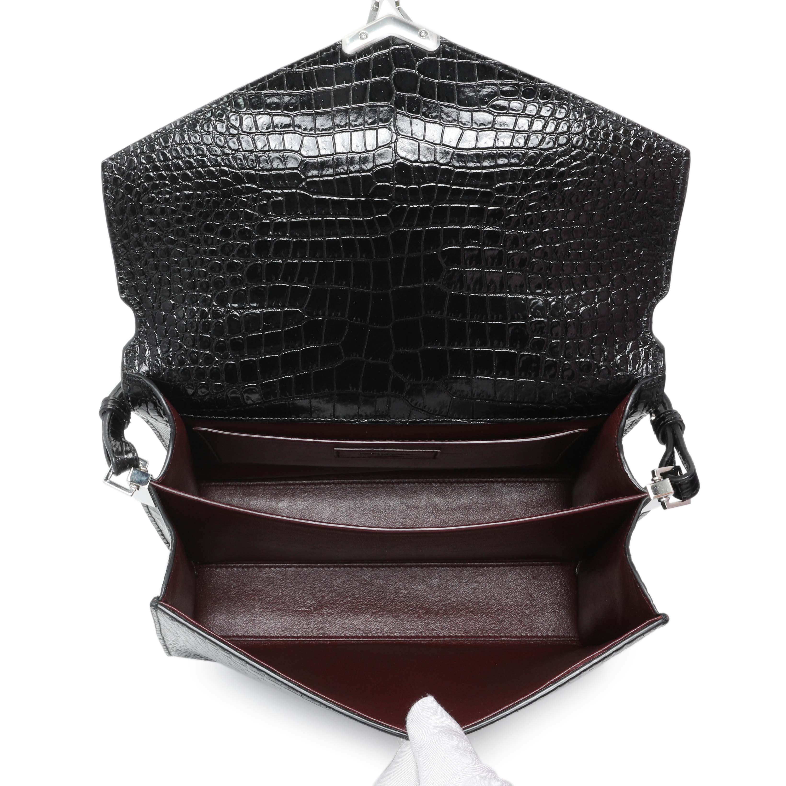 Saint Laurent Black Calfskin Crocodile Embossed Medium Cassandra Top Handle - Image 4