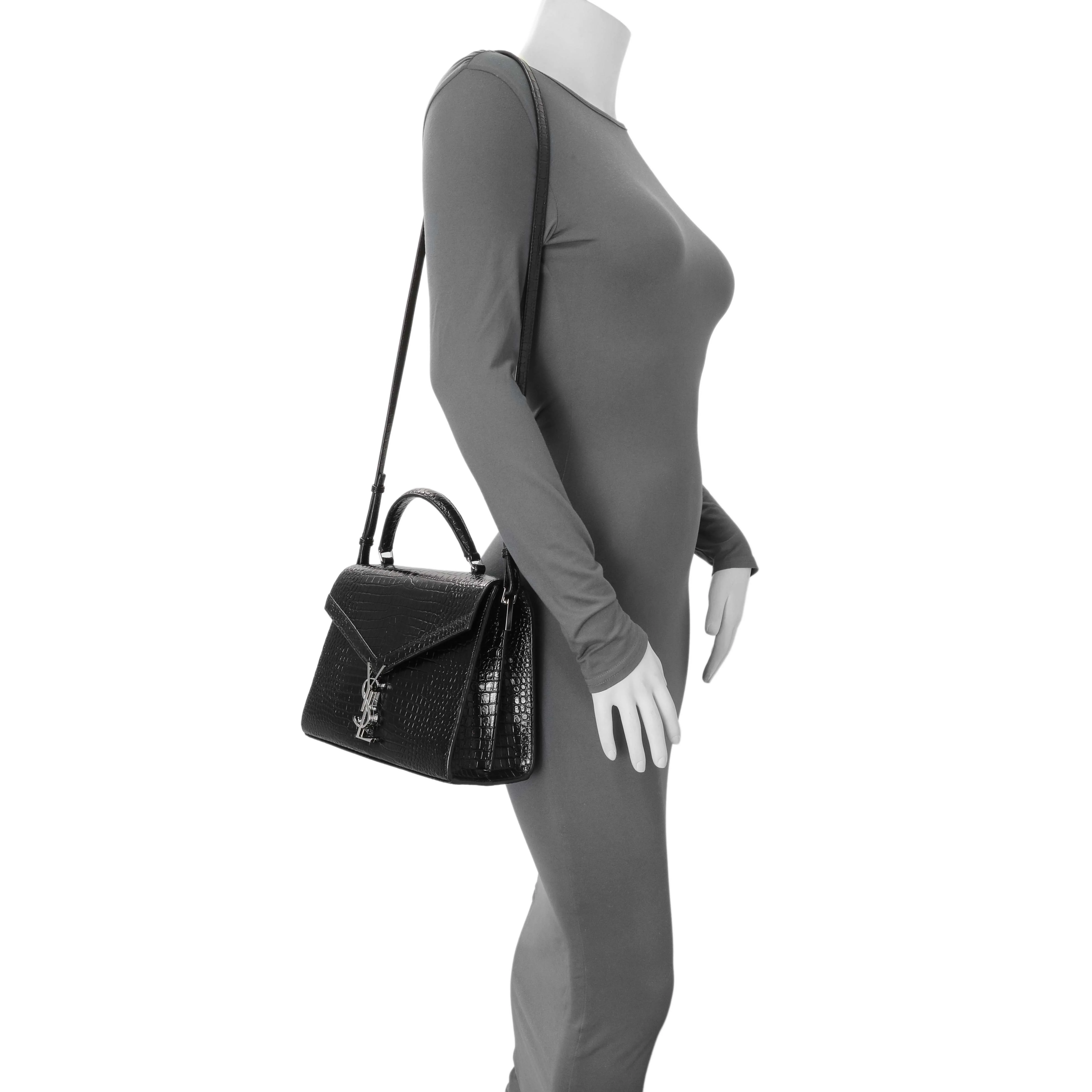 Saint Laurent Black Calfskin Crocodile Embossed Medium Cassandra Top Handle - Image 7