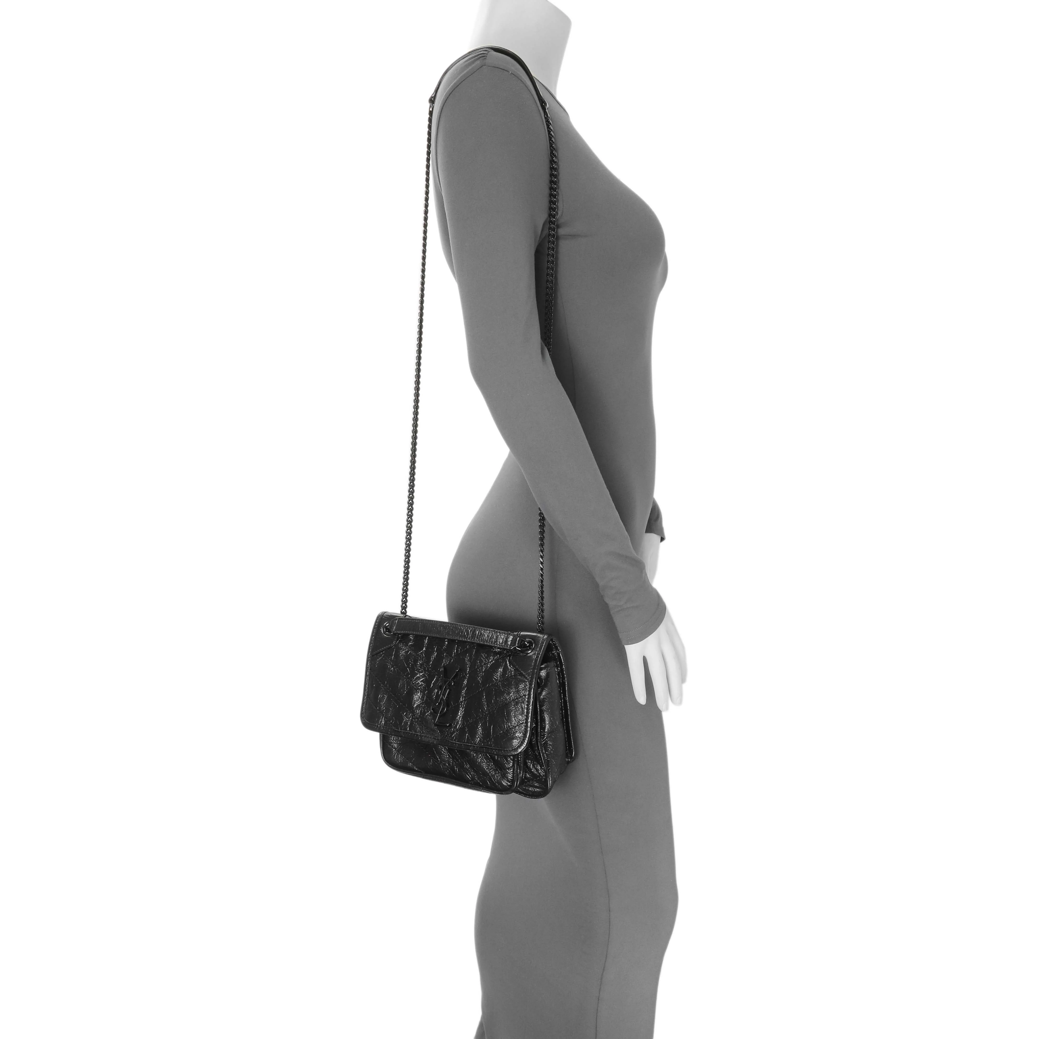 Saint Laurent Black Crinkled Calfskin Matelasse Monogram Baby Niki Chain Satchel - Image 11