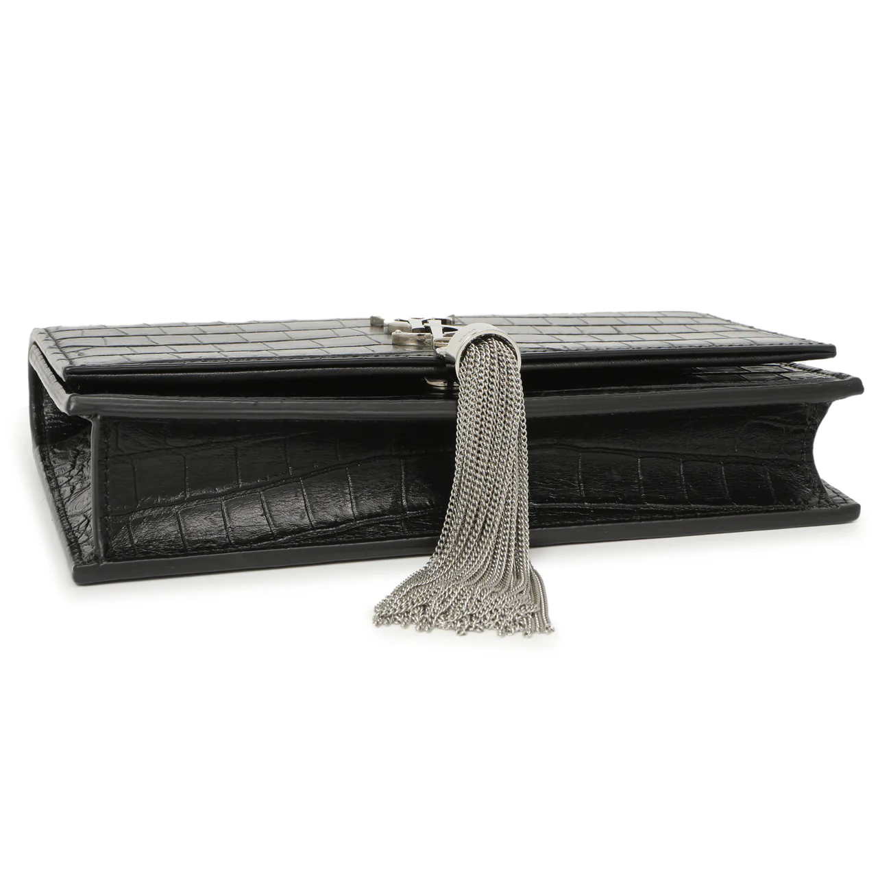Saint Laurent Black Crocodile Embossed Calfskin Kate Monogram Tassel Chain Wallet - Image 3