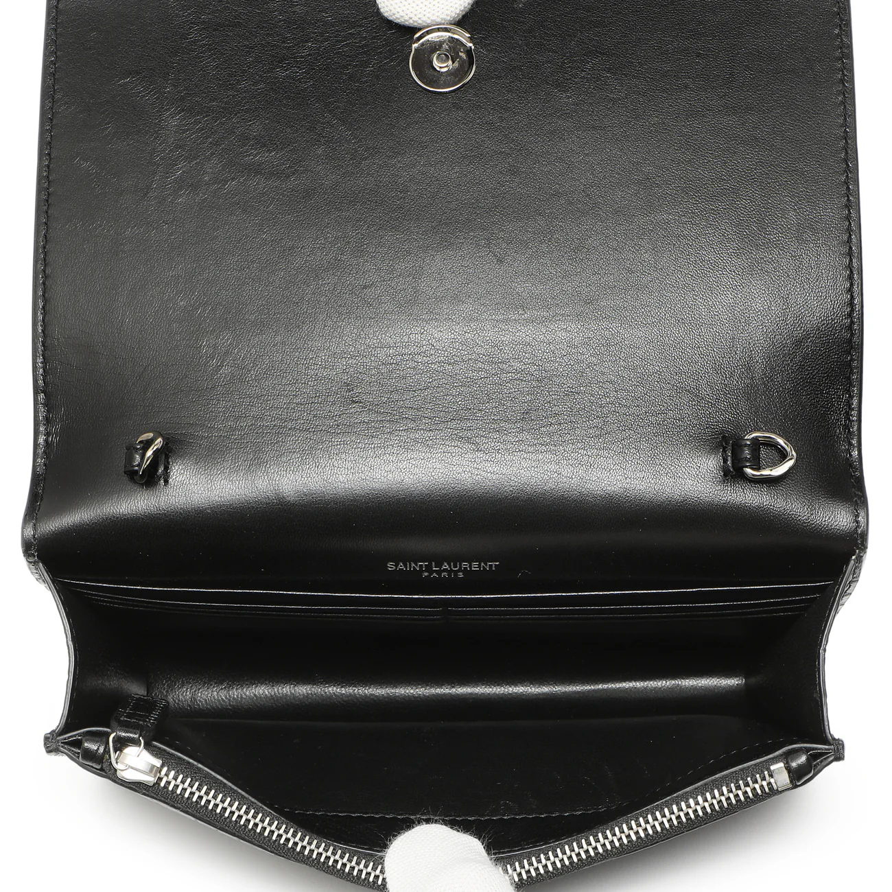 Saint Laurent Black Crocodile Embossed Calfskin Kate Monogram Tassel Chain Wallet - Image 4