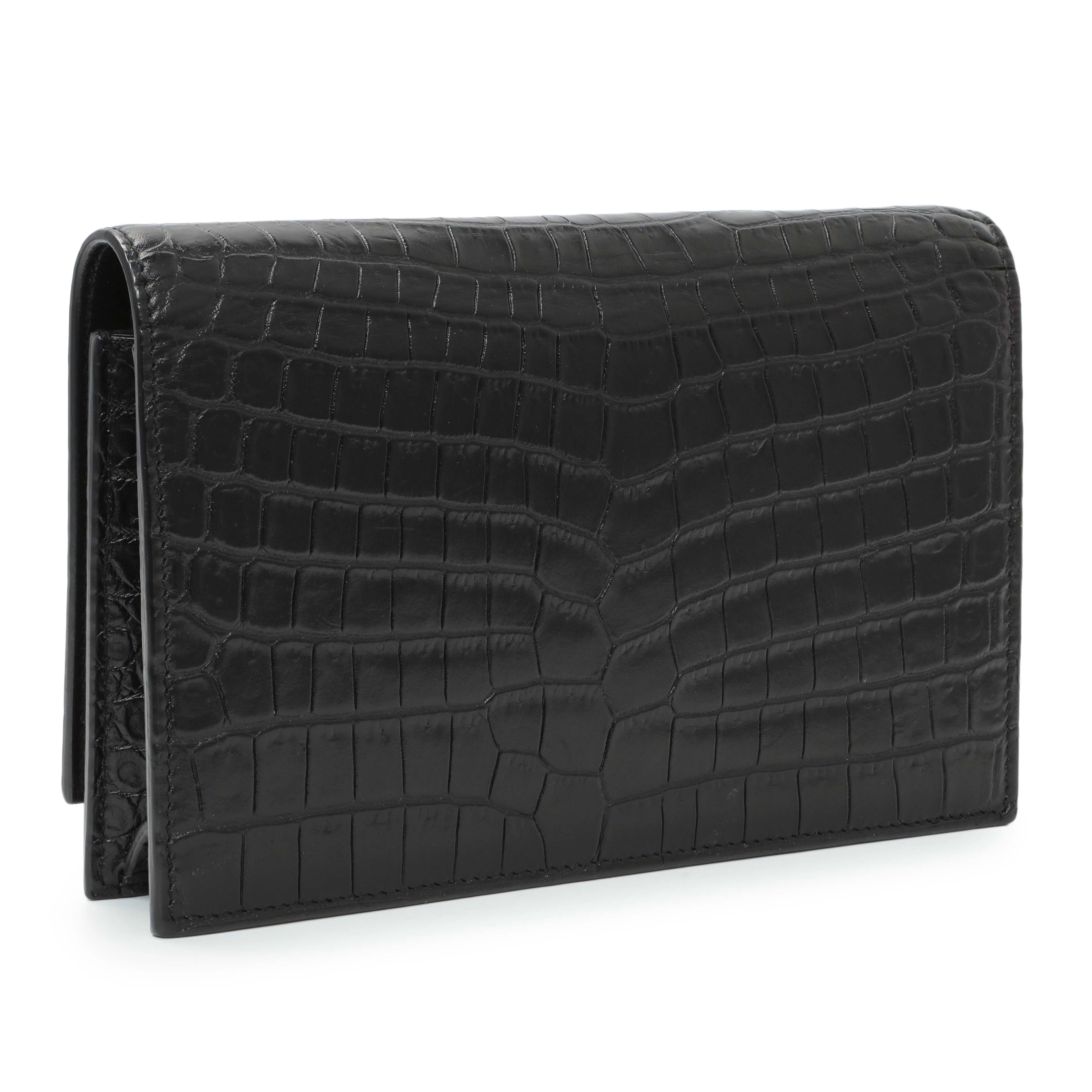 Saint Laurent Black Crocodile Embossed Calfskin Kate Monogram Tassel Chain Wallet - Image 2