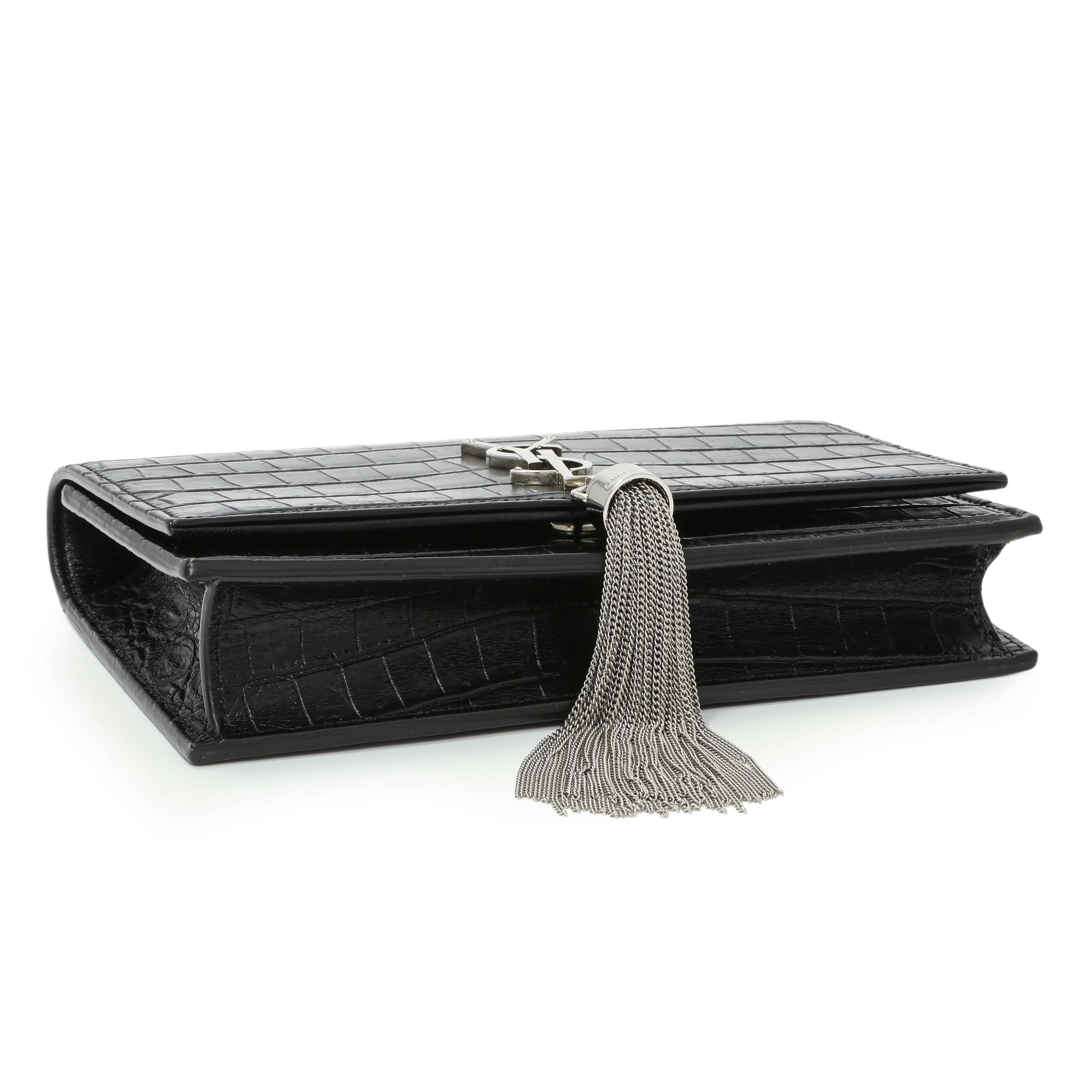 Saint Laurent Black Crocodile Embossed Calfskin Kate Monogram Tassel Chain Wallet - Image 3