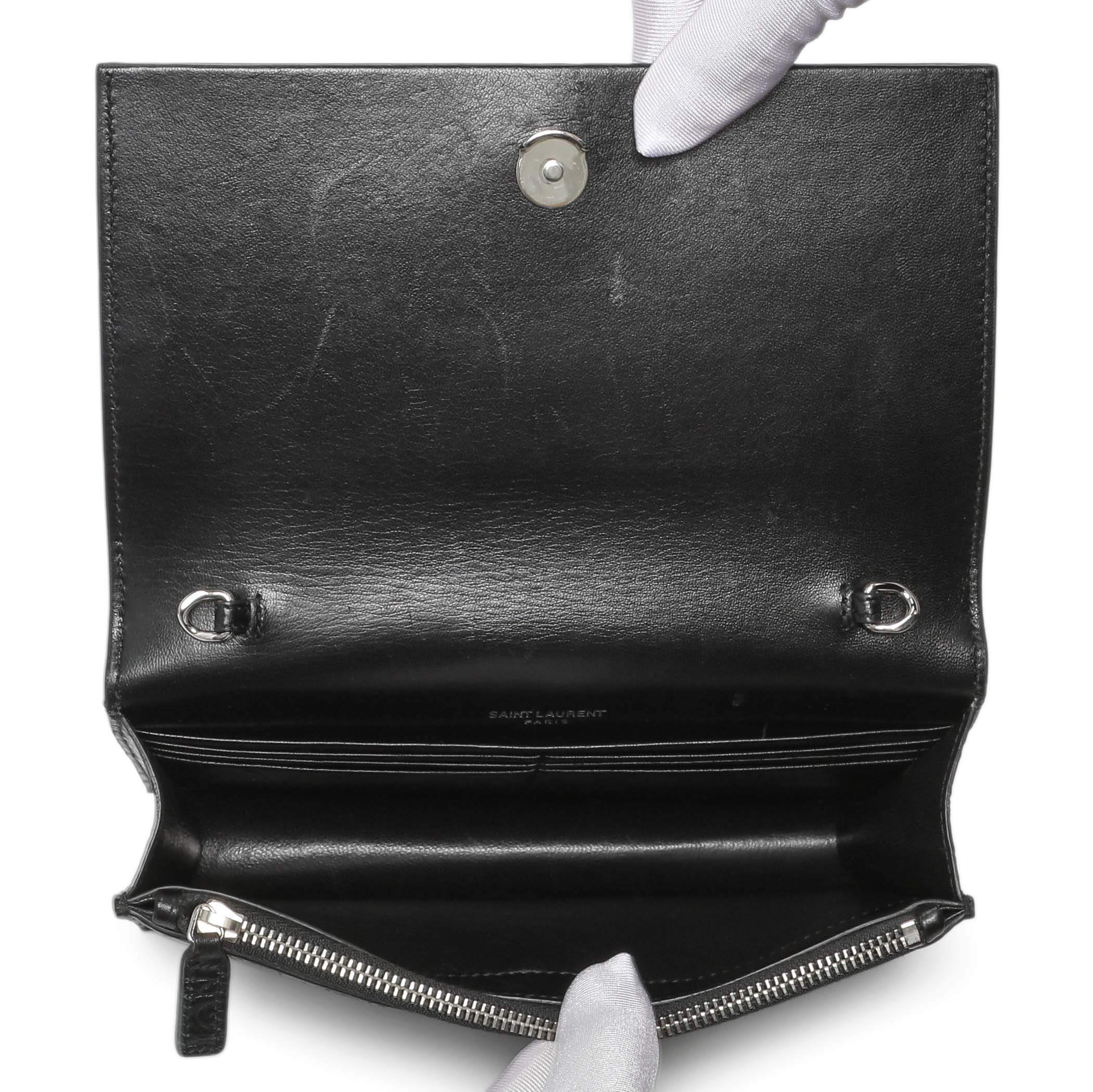Saint Laurent Black Crocodile Embossed Calfskin Kate Monogram Tassel Chain Wallet - Image 4