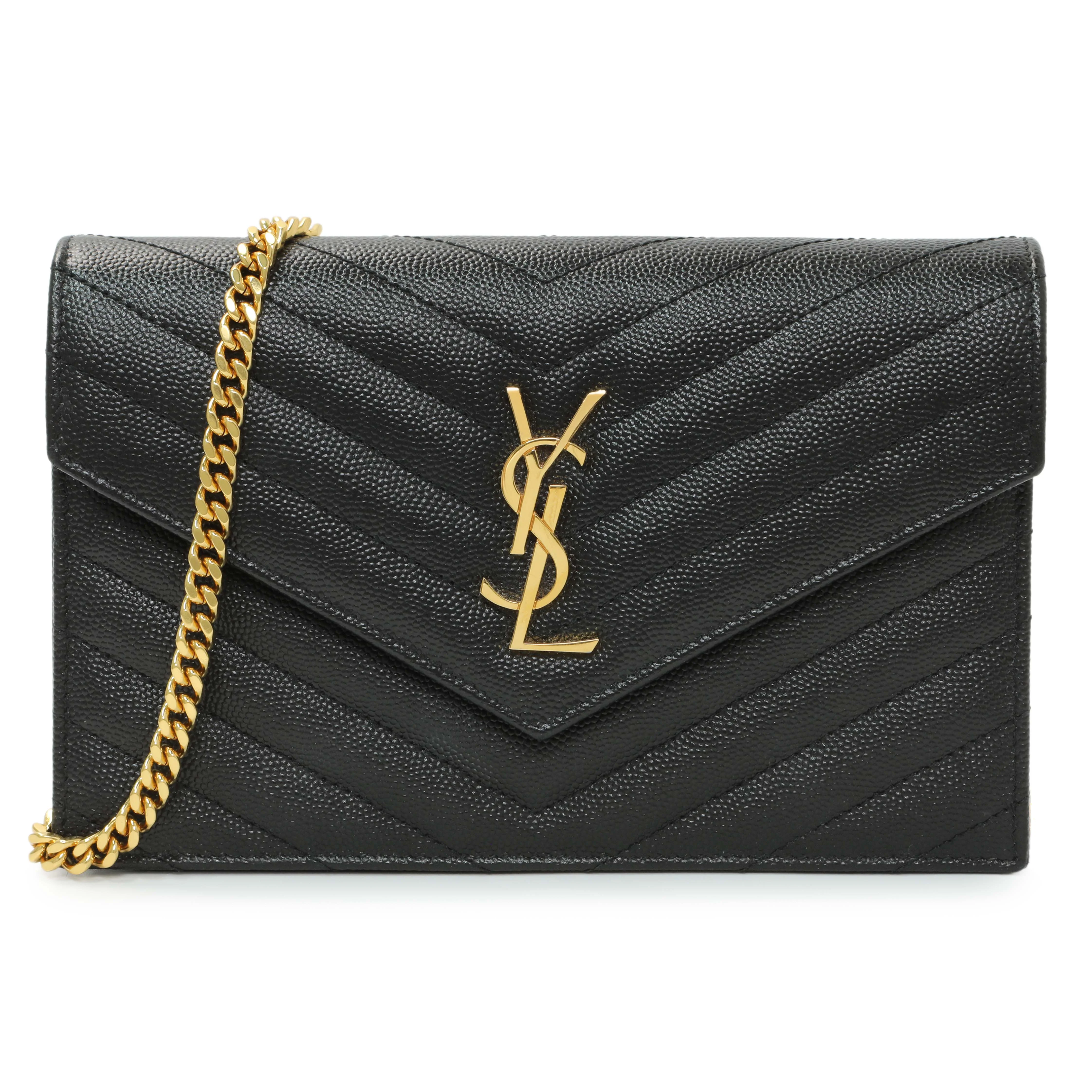 Saint Laurent Black Grain De Poudre Matelasse Chevron Monogram Envelope Chain Wallet