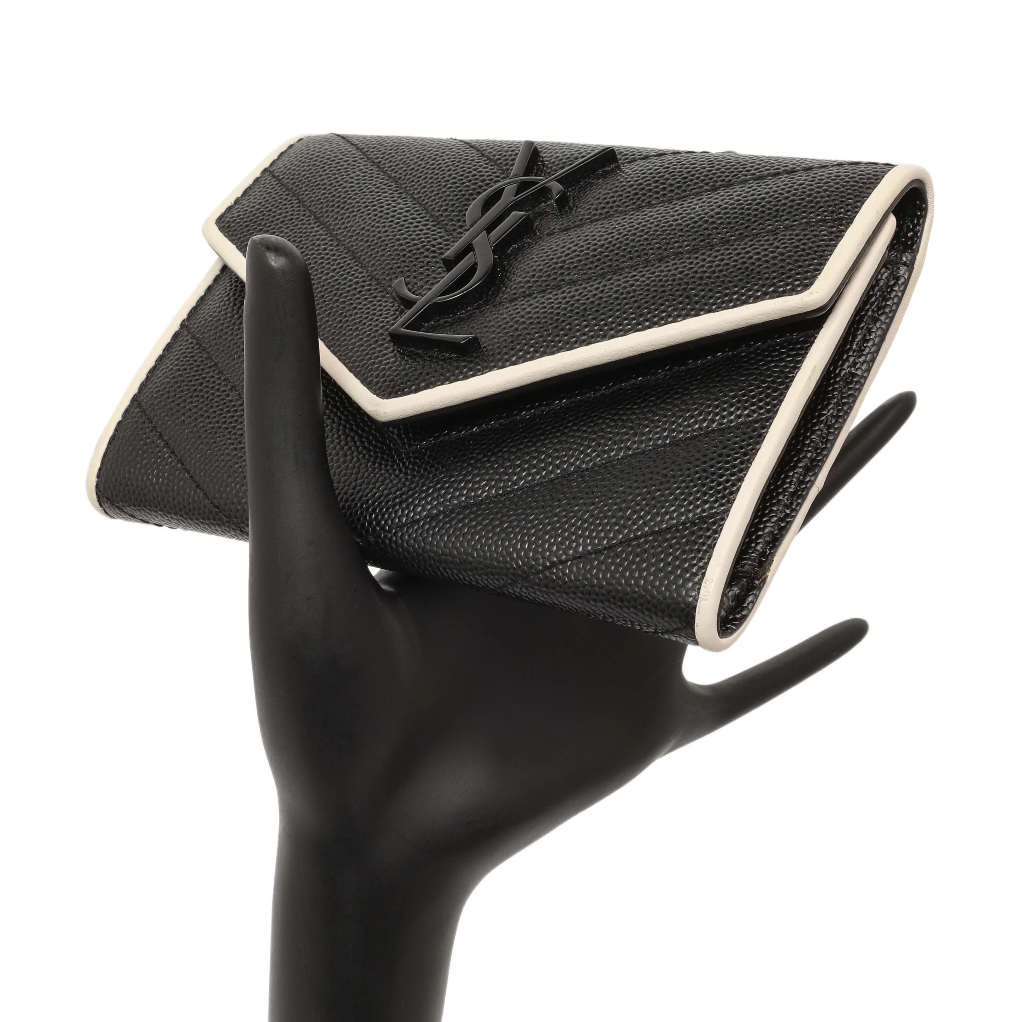 Saint Laurent Black Grain De Poudre Matelasse Chevron Monogram Envelope Wallet - Image 17