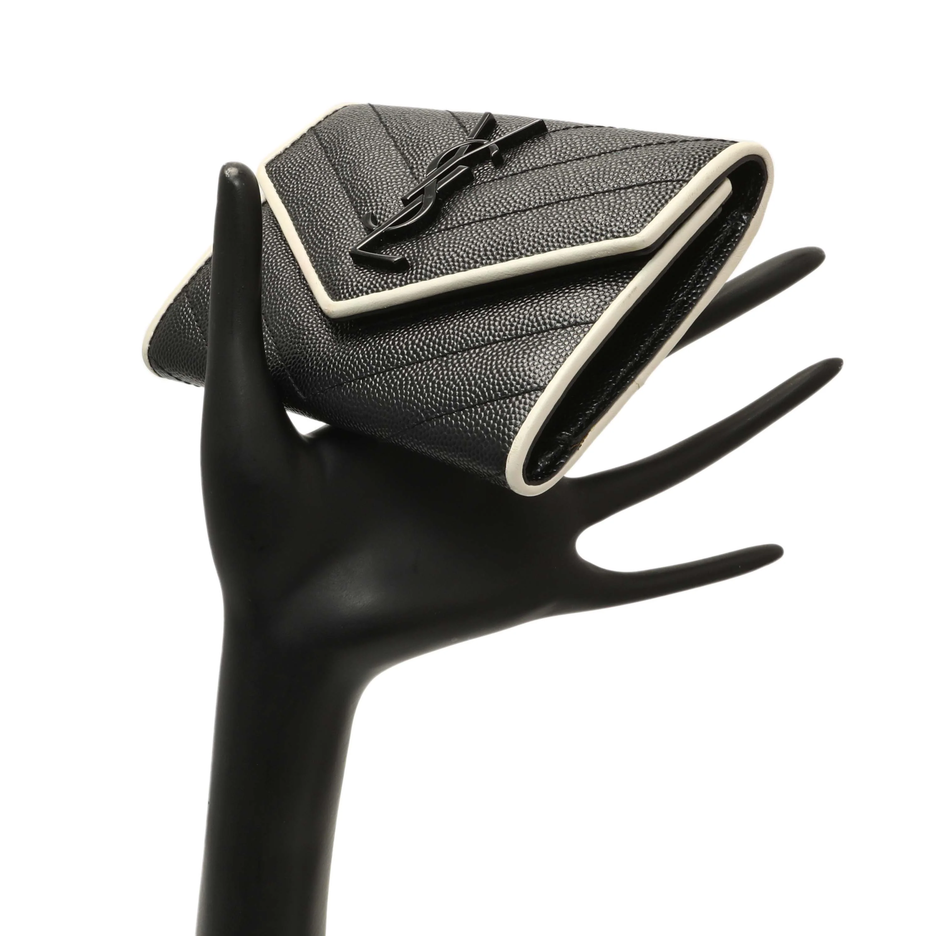 Saint Laurent Black Grain De Poudre Matelasse Chevron Monogram Envelope Wallet - Image 7
