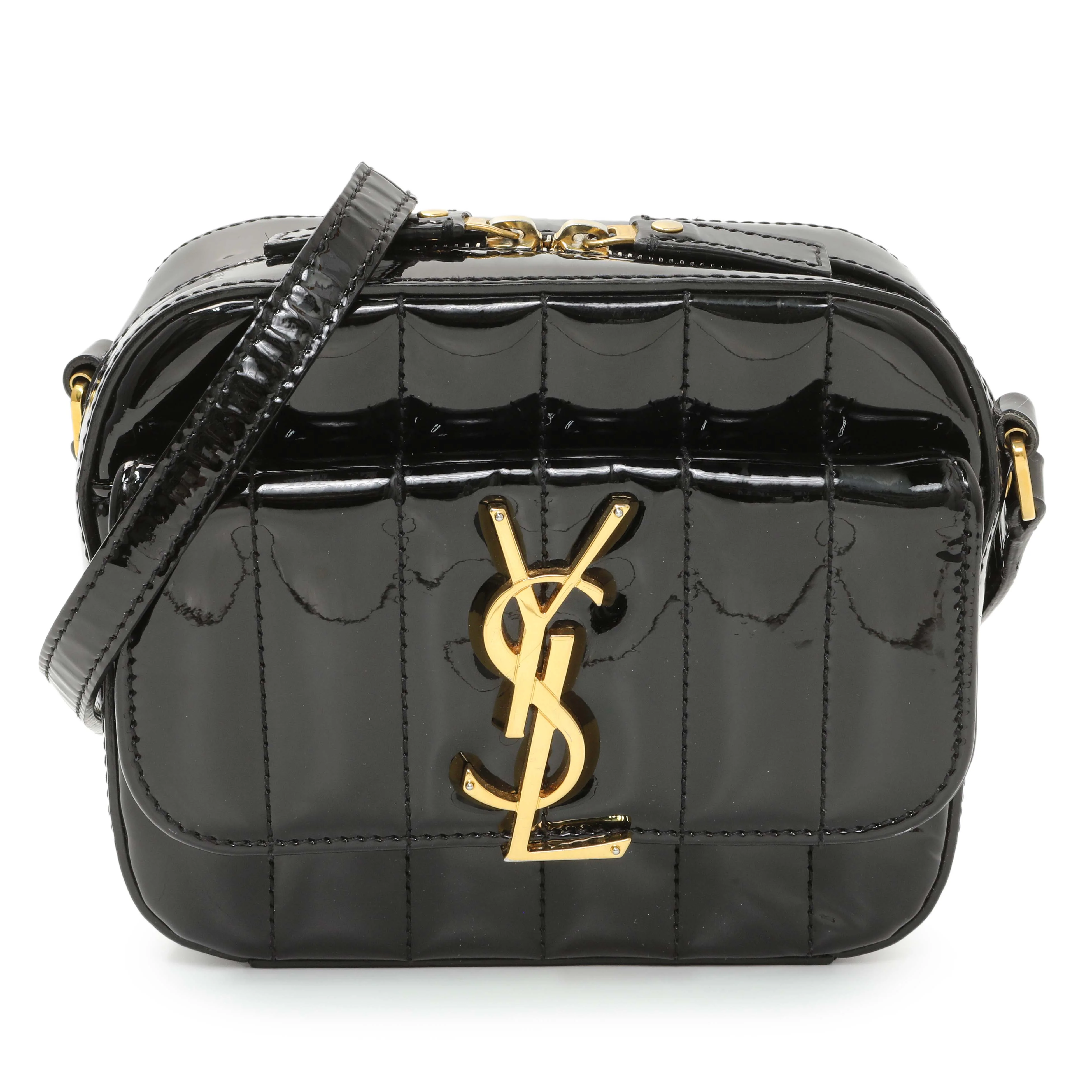 Saint Laurent Black Patent Matelasse Monogram Mini Vicky Camera Bag