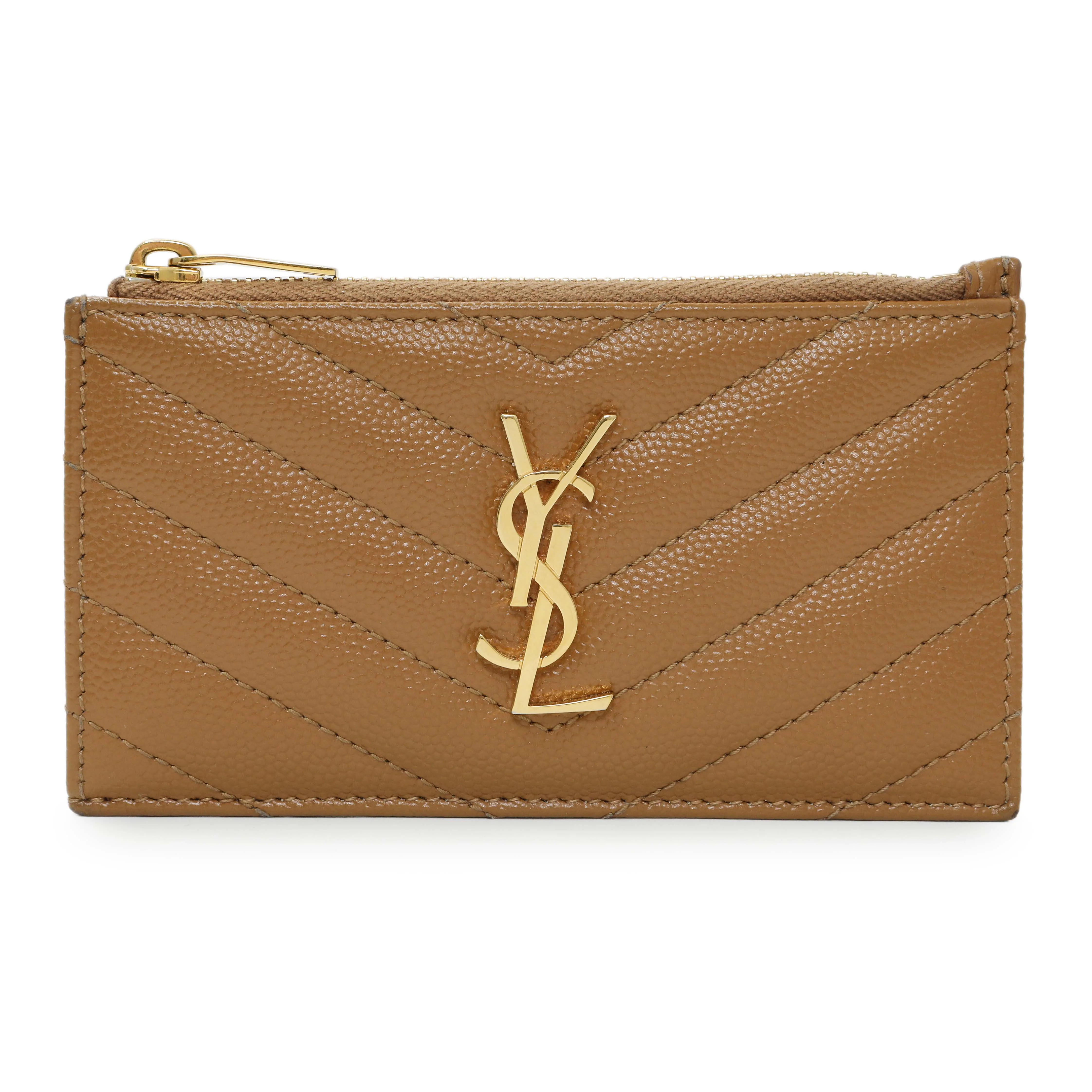 Saint Laurent Brown Grain De Poudre Matelasse Chevron Monogram Fragments Zippered Card Case