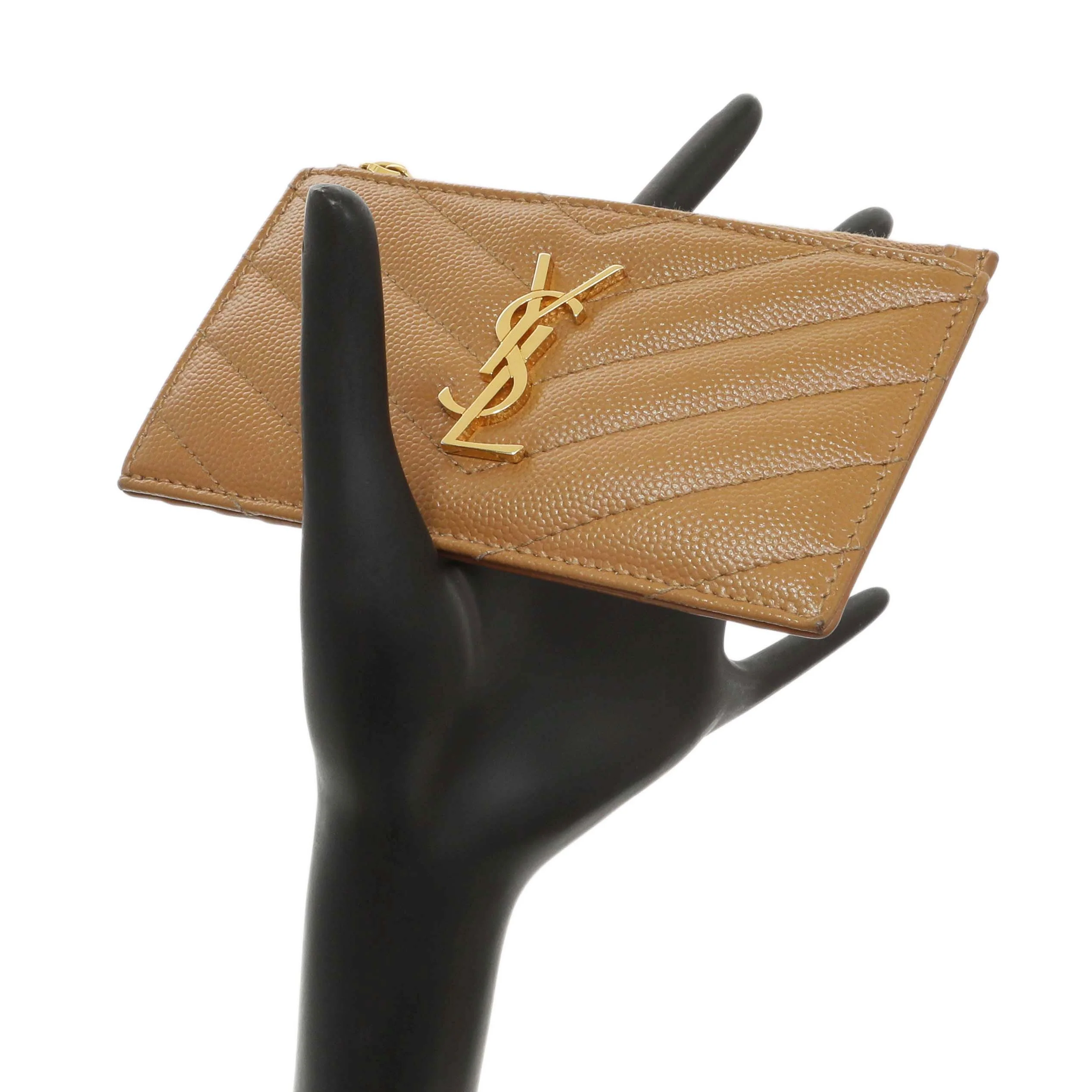 Saint Laurent Brown Grain De Poudre Matelasse Chevron Monogram Fragments Zippered Card Case - Image 11