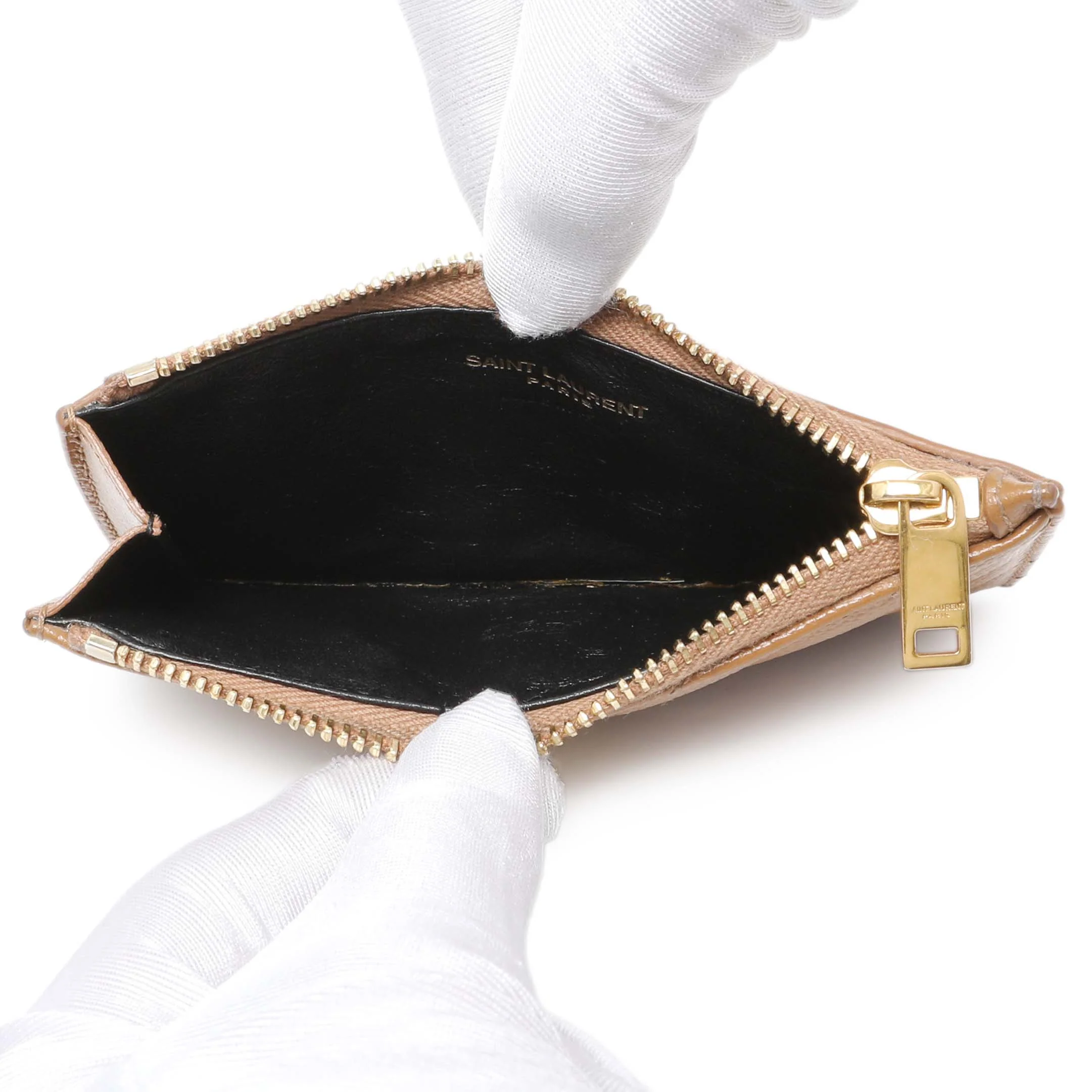 Saint Laurent Brown Grain De Poudre Matelasse Chevron Monogram Fragments Zippered Card Case - Image 8