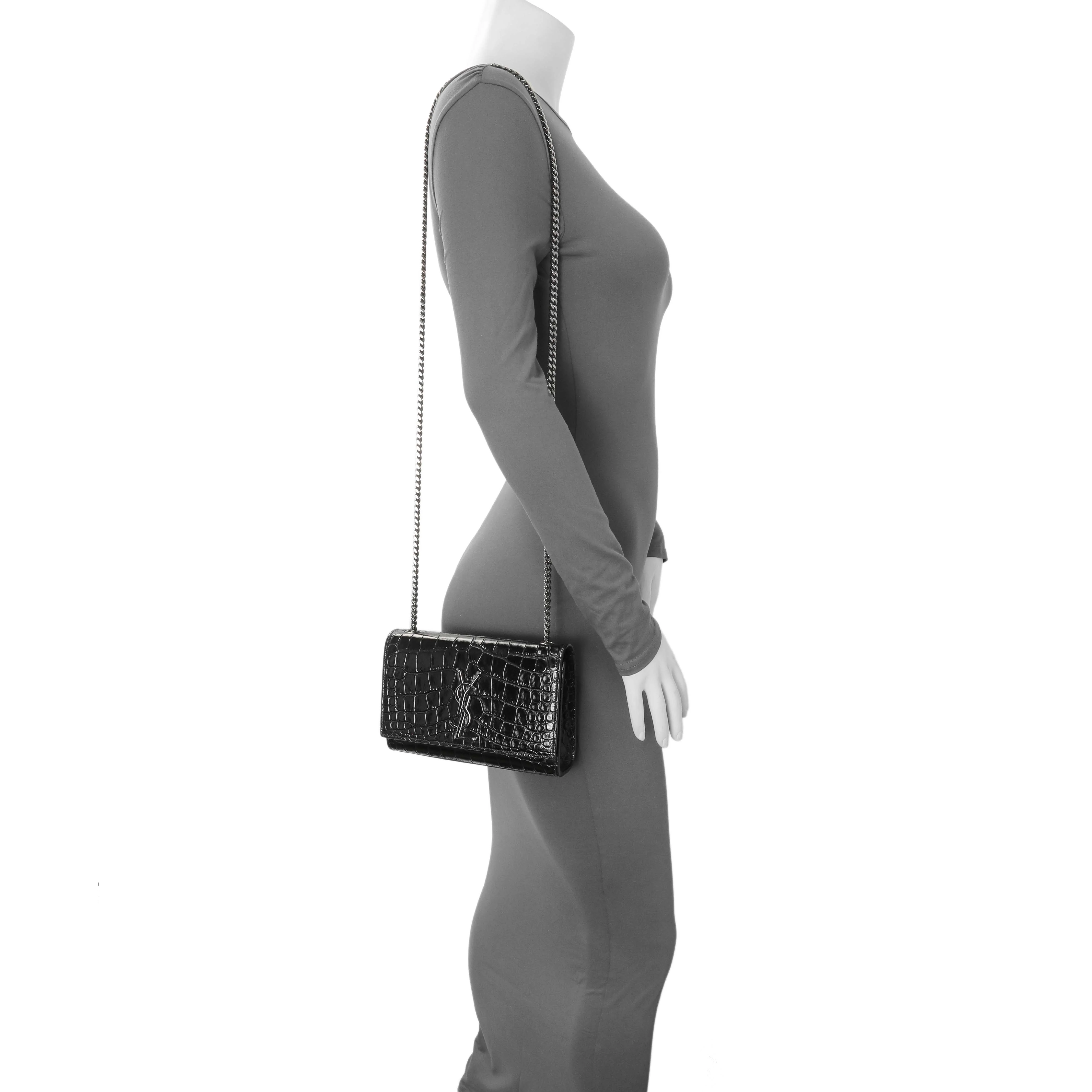 Saint Laurent Calfskin Crocodile Embossed Small Classic Monogram Kate Satchel - Image 12