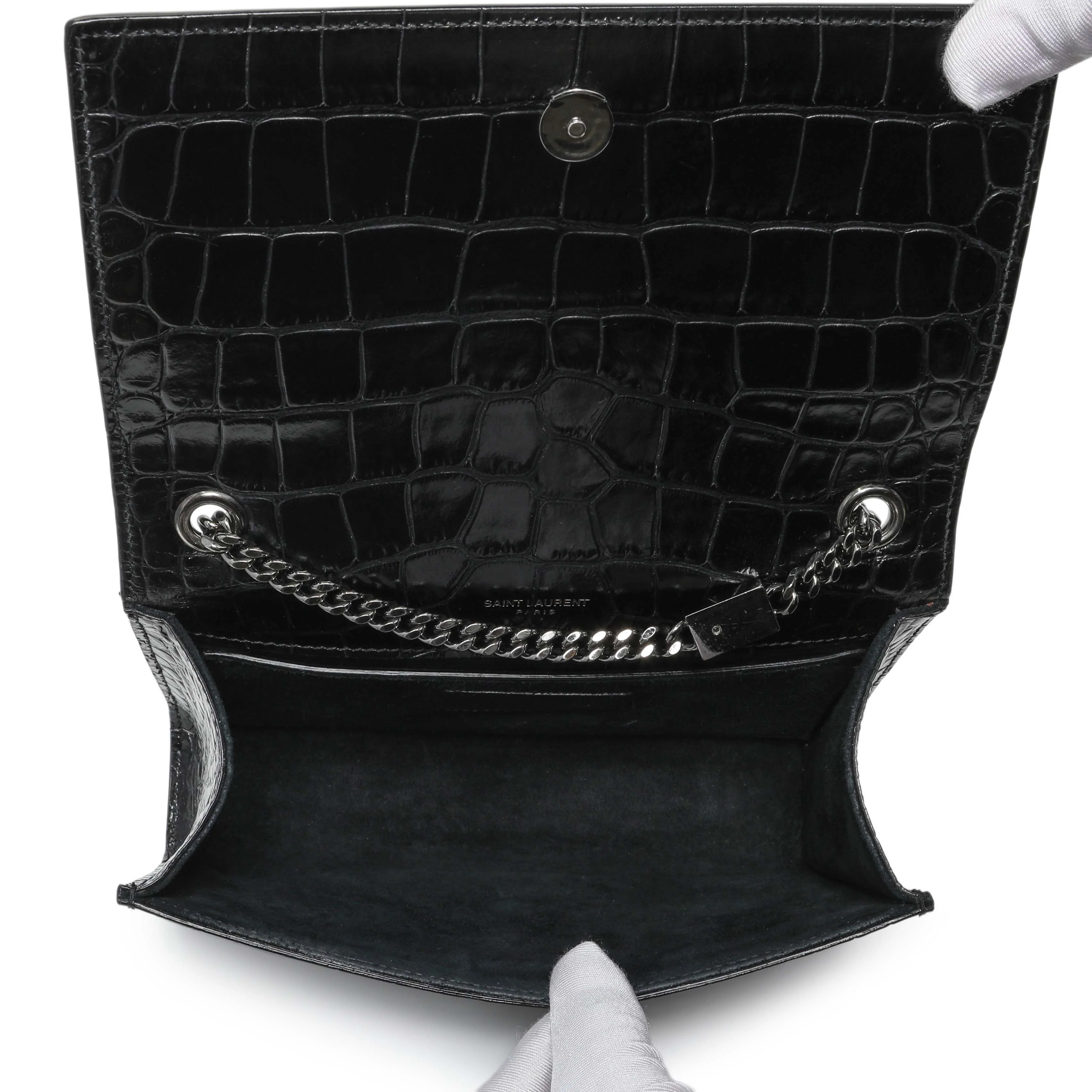 Saint Laurent Calfskin Crocodile Embossed Small Classic Monogram Kate Satchel - Image 8