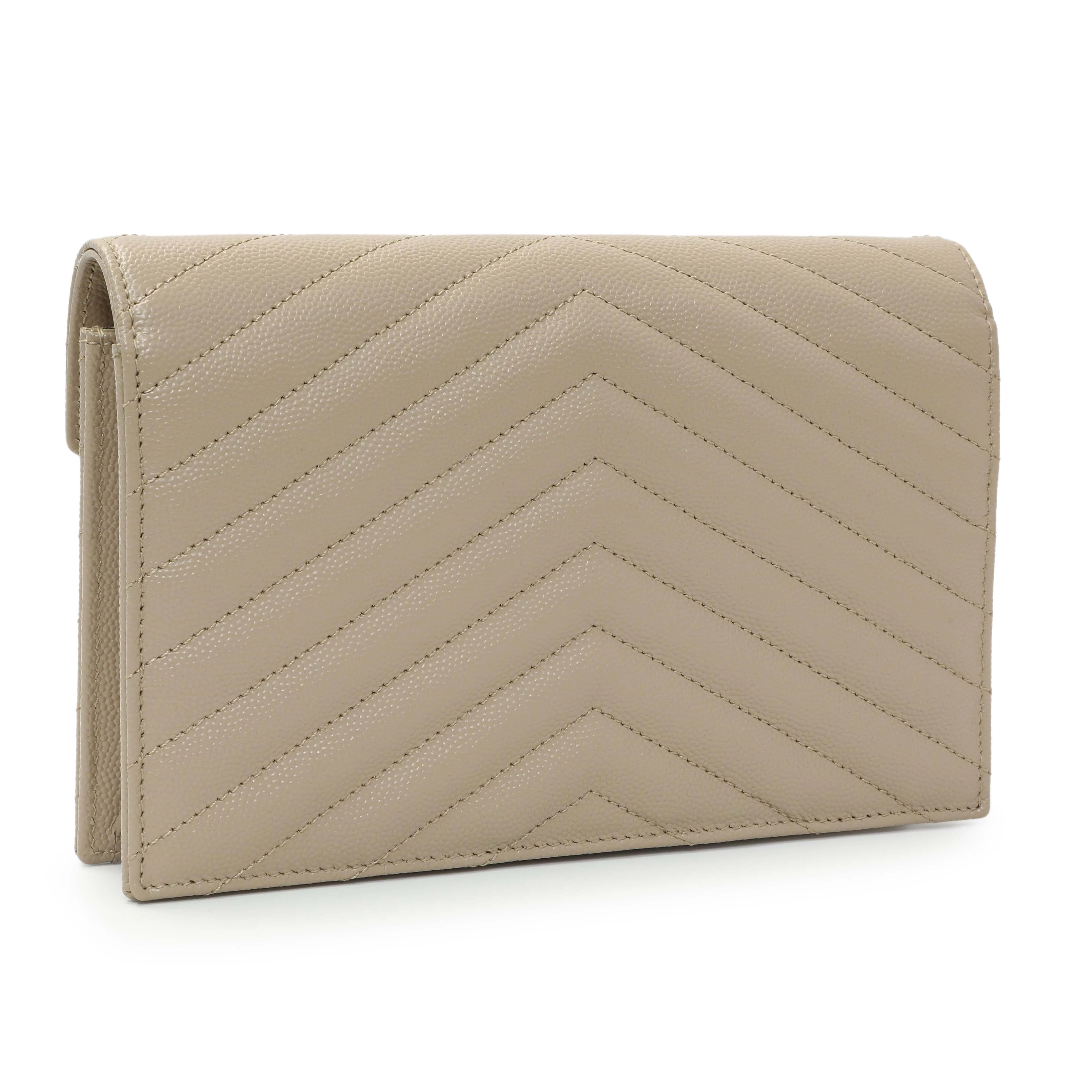 Saint Laurent Dark Beige Grain De Poudre Matelasse Chevron Monogram Envelope Chain Wallet - Image 2