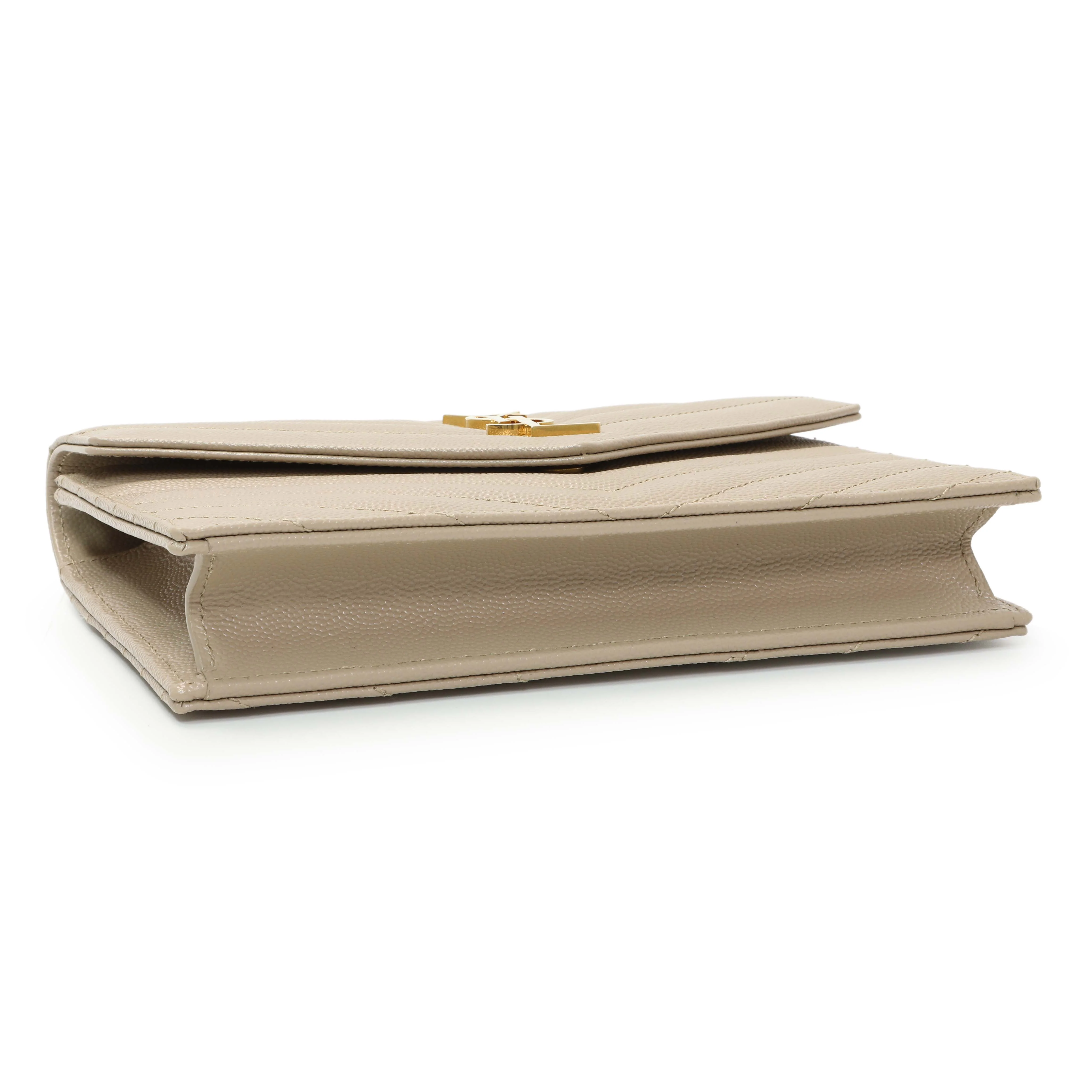 Saint Laurent Dark Beige Grain De Poudre Matelasse Chevron Monogram Envelope Chain Wallet - Image 3