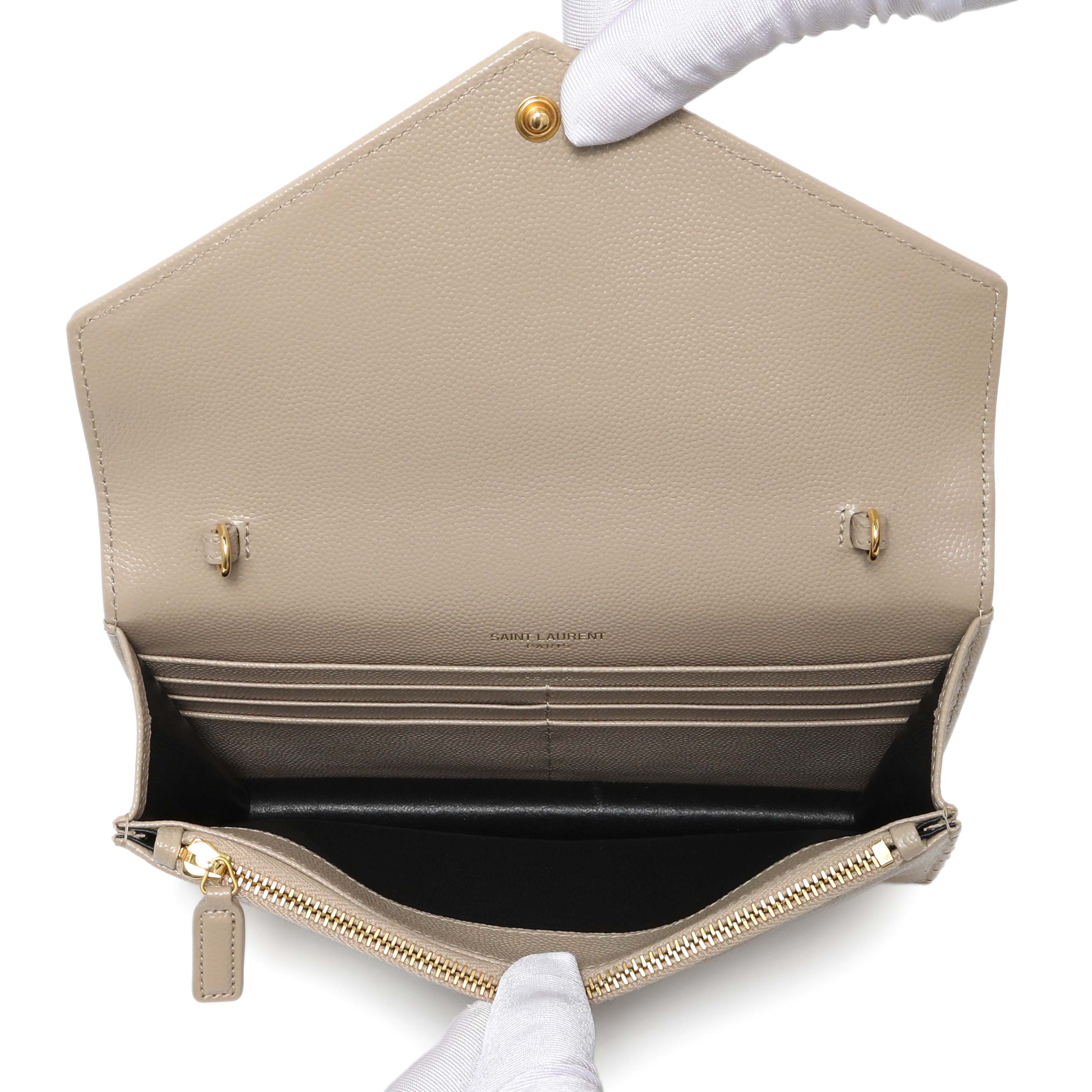 Saint Laurent Dark Beige Grain De Poudre Matelasse Chevron Monogram Envelope Chain Wallet - Image 4