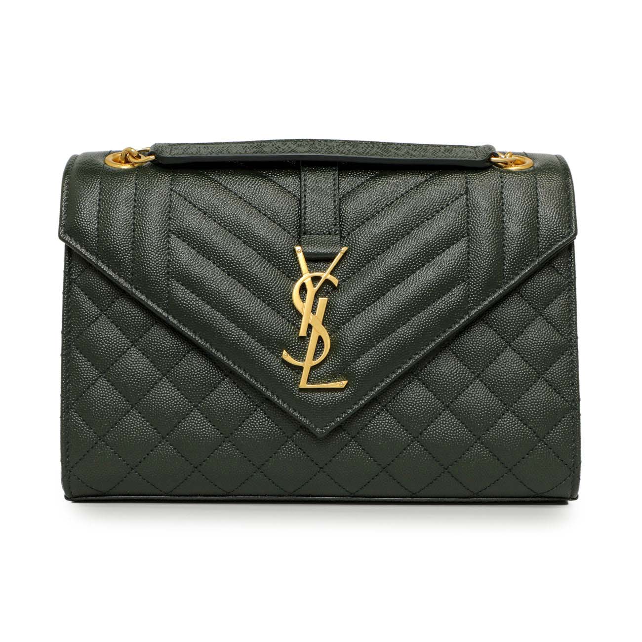 Saint Laurent Green Grain De Poudre Matelasse Chevron Medium Triquilt Monogram Satchel - Image 2