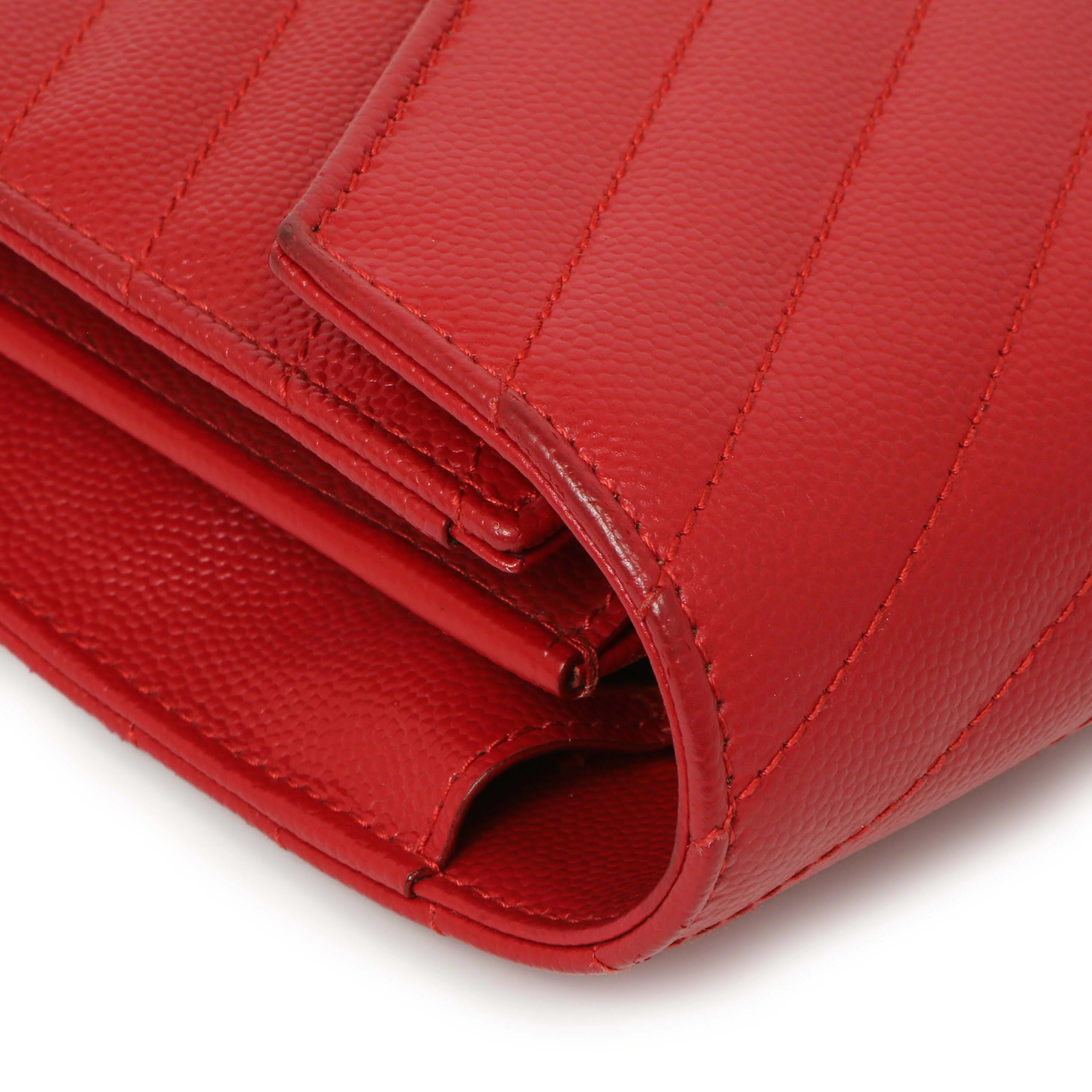 Saint Laurent Red Grain De Poudre Matelasse Chevron Monogram Chain Wallet - Image 14