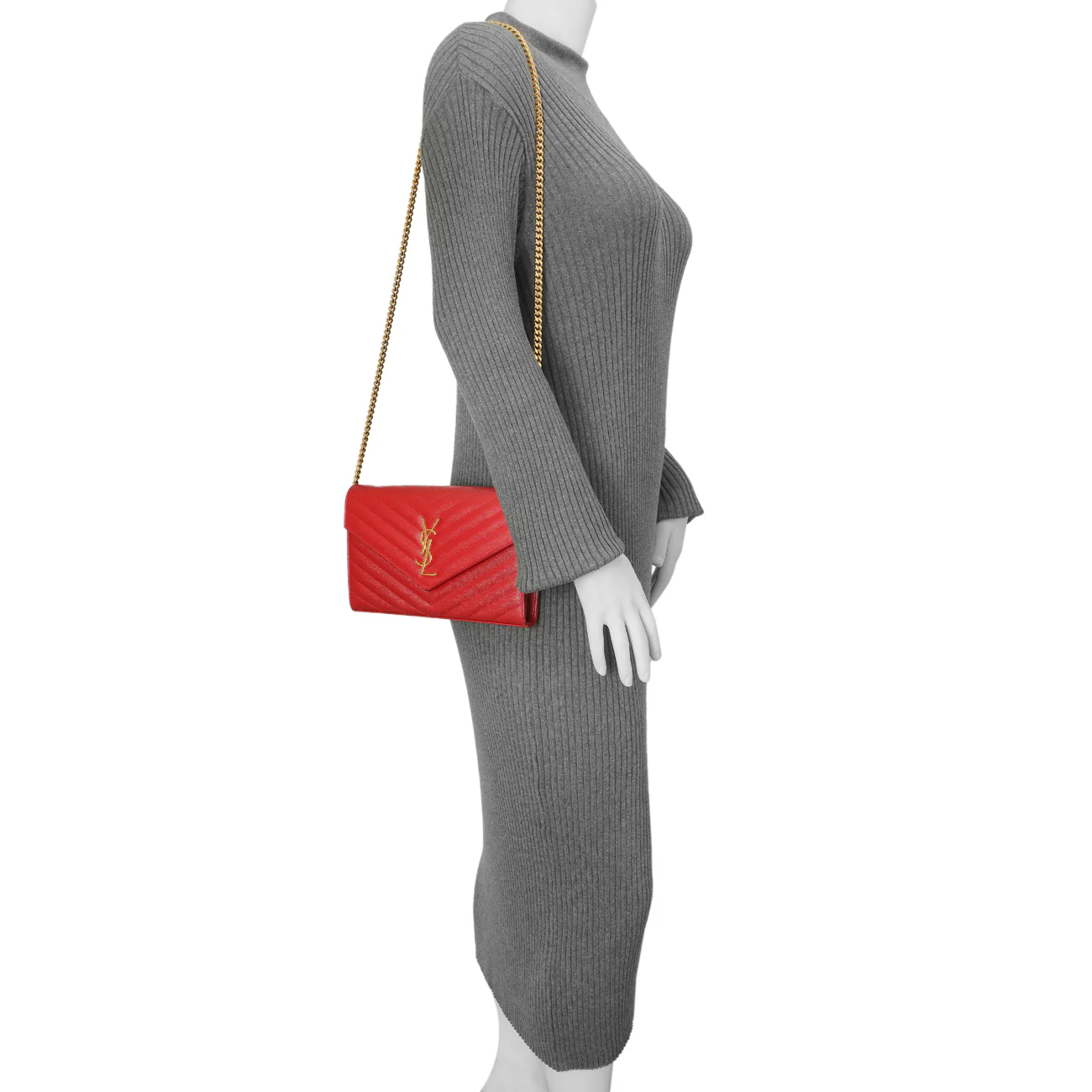 Saint Laurent Red Grain De Poudre Matelasse Chevron Monogram Chain Wallet - Image 16