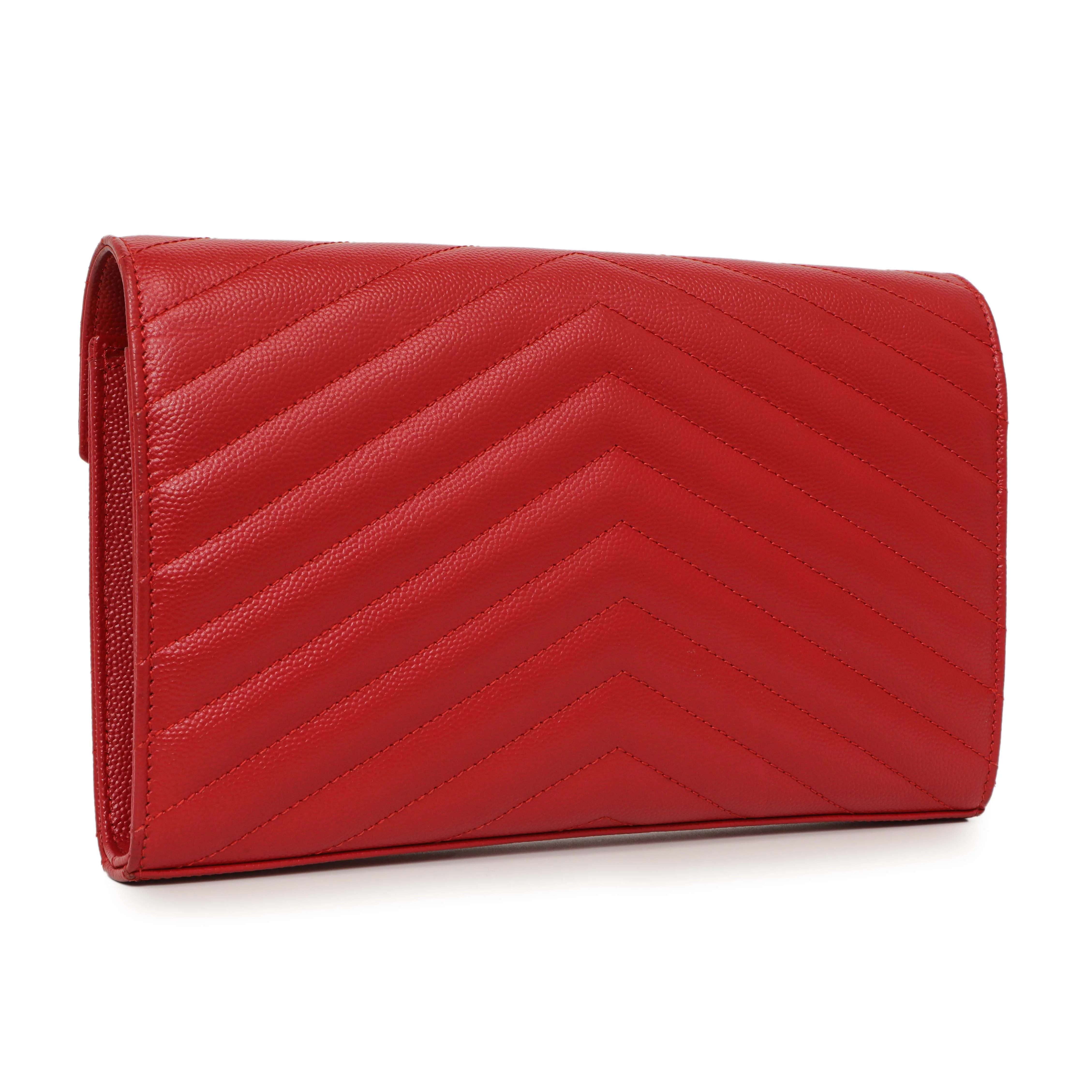 Saint Laurent Red Grain De Poudre Matelasse Chevron Monogram Chain Wallet - Image 3