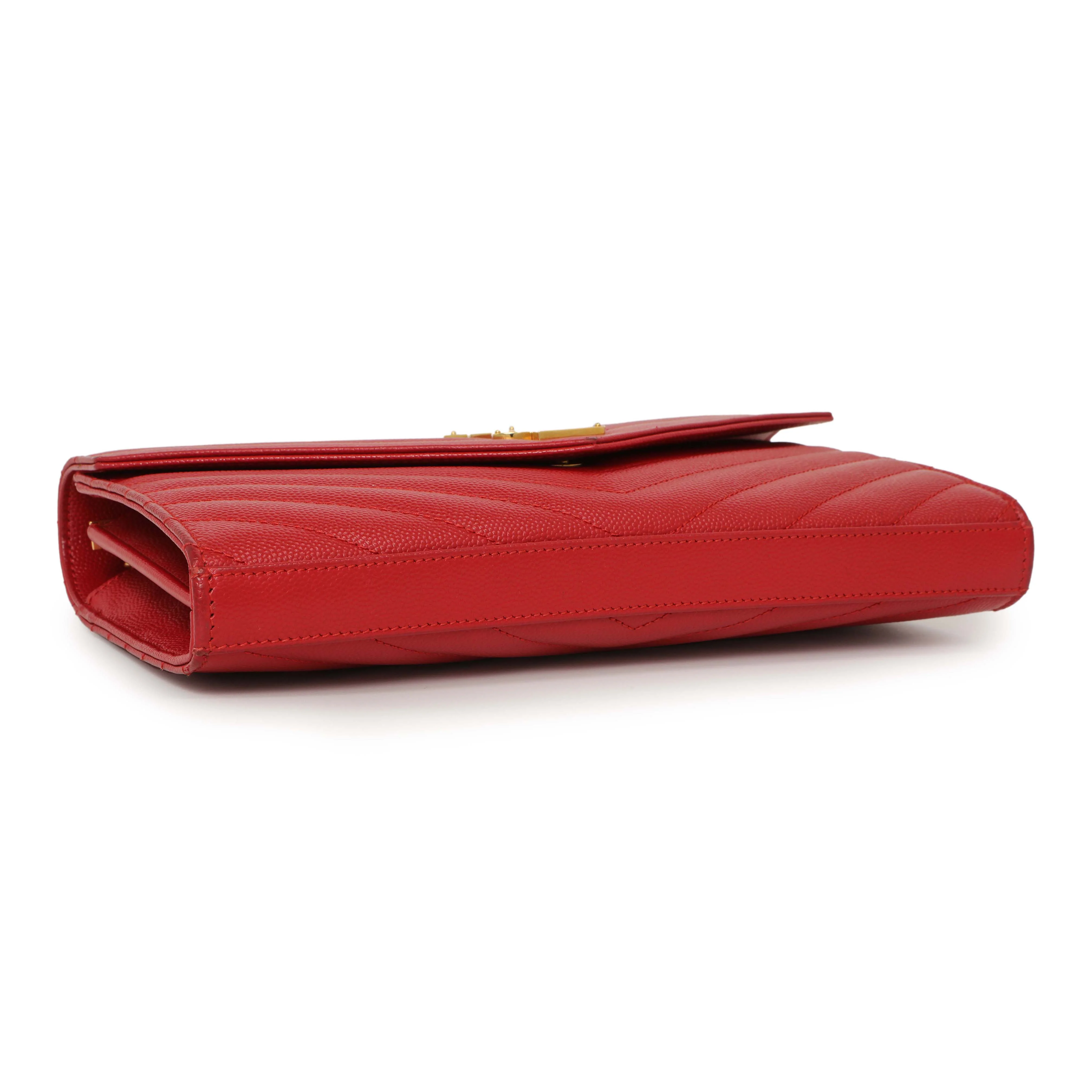 Saint Laurent Red Grain De Poudre Matelasse Chevron Monogram Chain Wallet - Image 4
