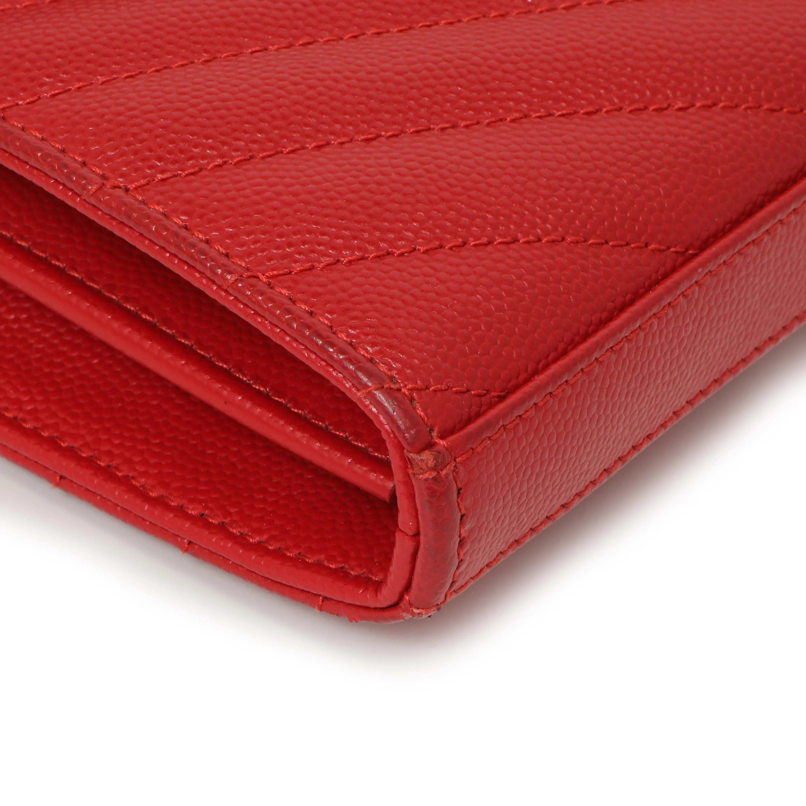 Saint Laurent Red Grain De Poudre Matelasse Chevron Monogram Chain Wallet - Image 5