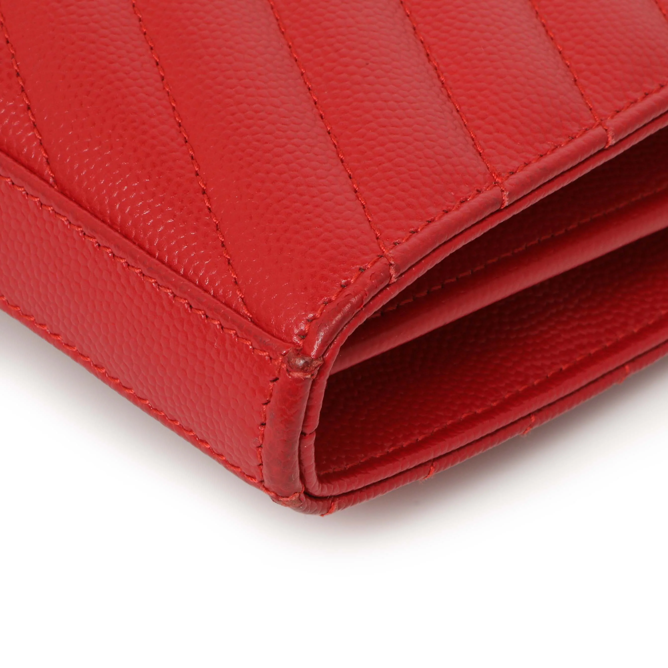 Saint Laurent Red Grain De Poudre Matelasse Chevron Monogram Chain Wallet - Image 6
