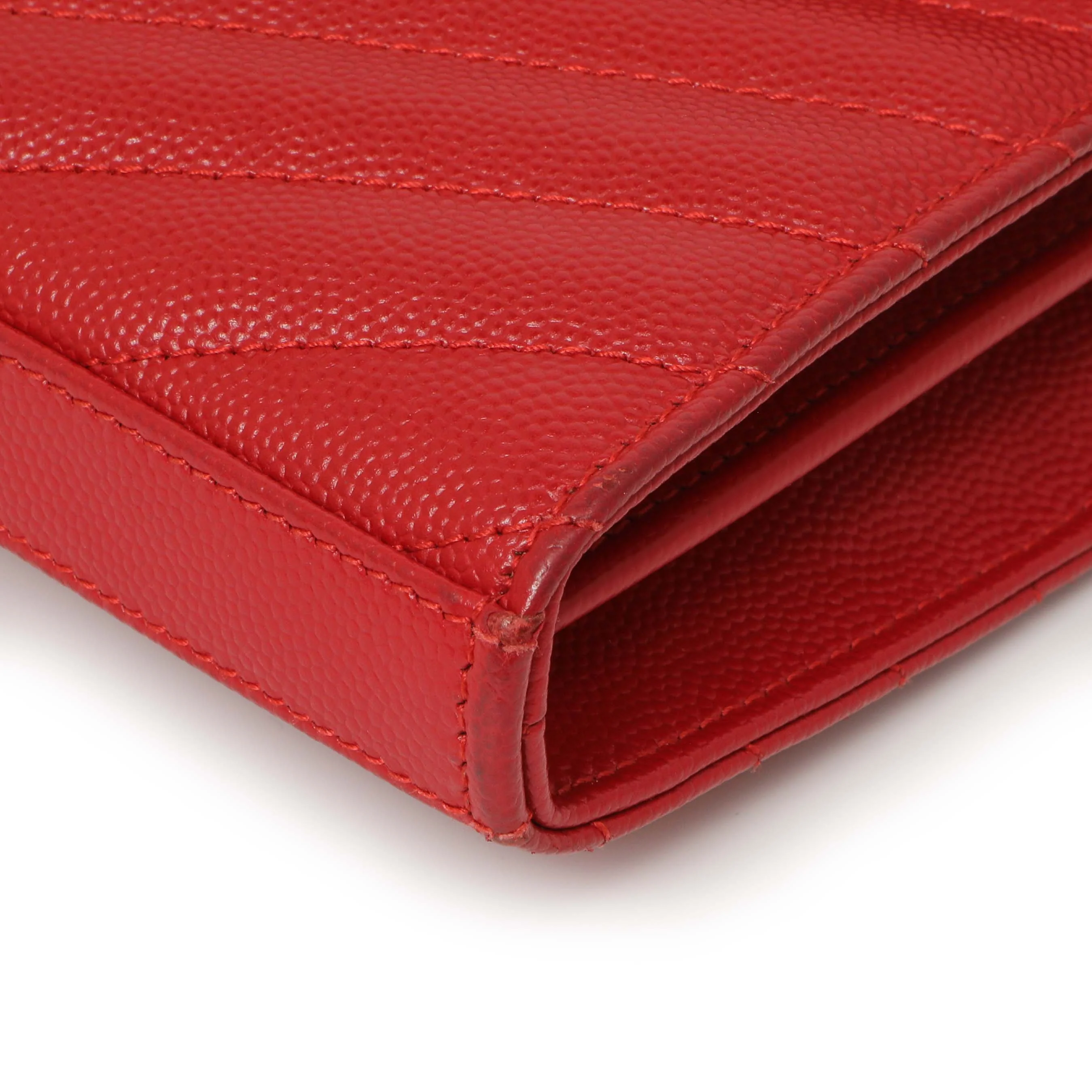 Saint Laurent Red Grain De Poudre Matelasse Chevron Monogram Chain Wallet - Image 7