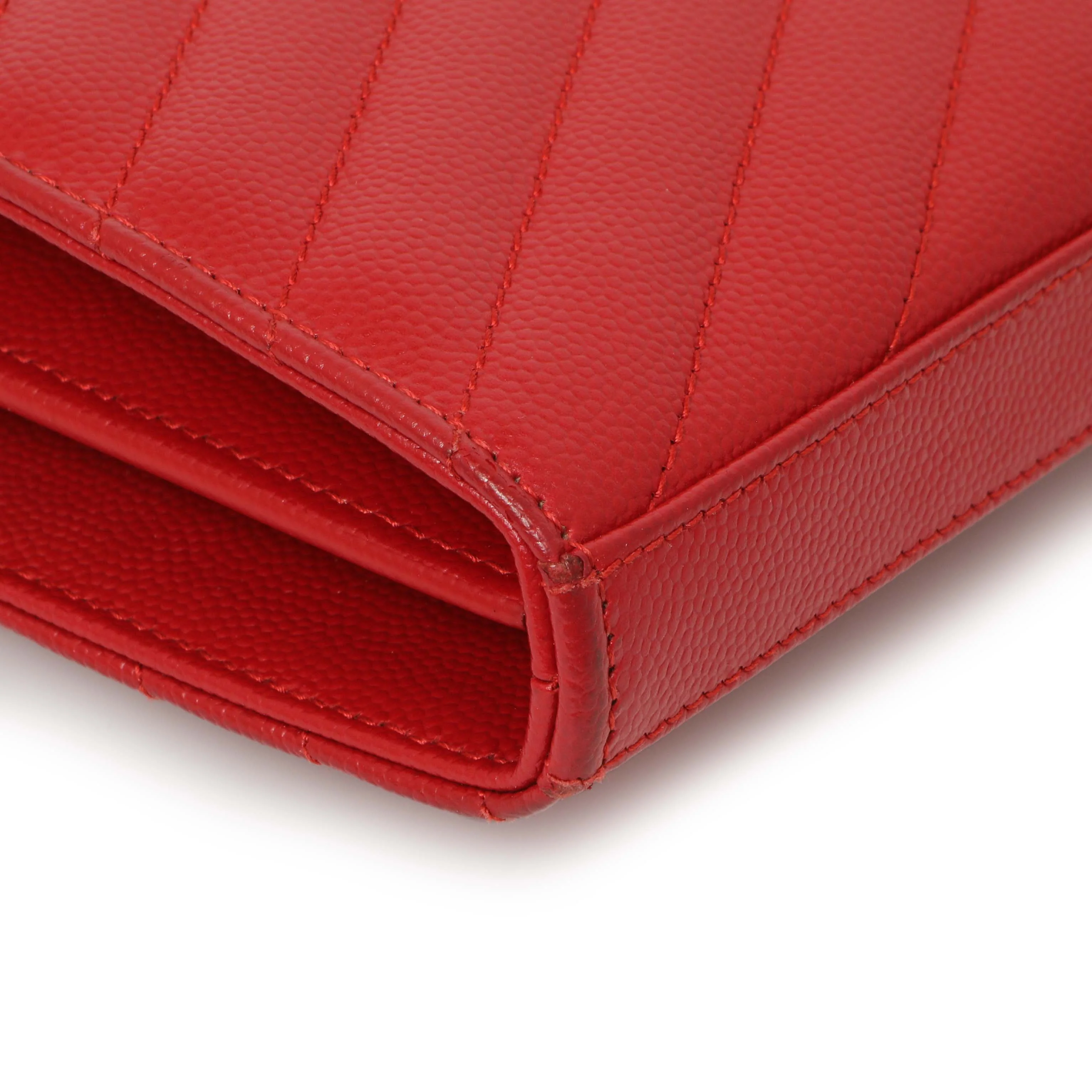 Saint Laurent Red Grain De Poudre Matelasse Chevron Monogram Chain Wallet - Image 8