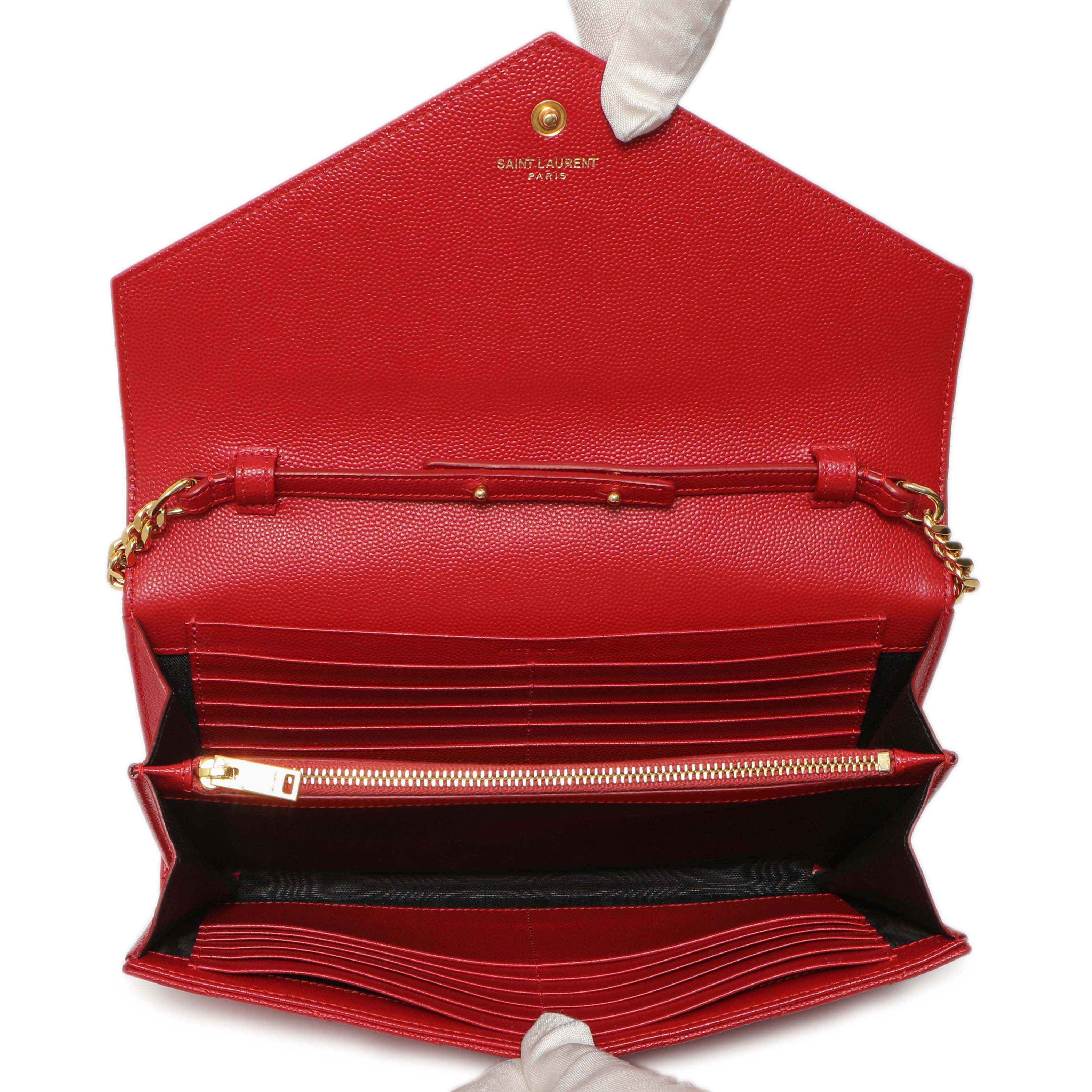 Saint Laurent Red Grain De Poudre Matelasse Chevron Monogram Chain Wallet - Image 9