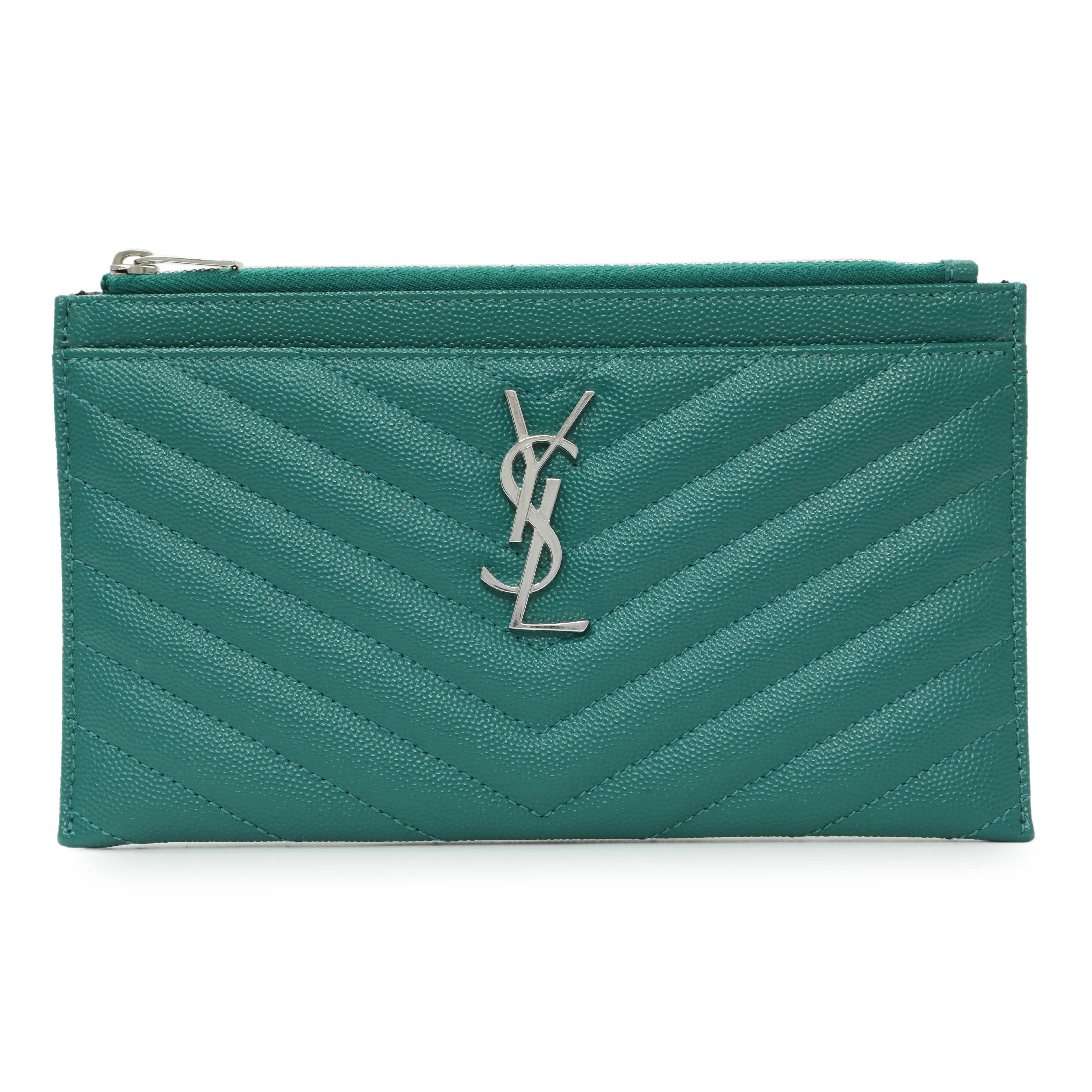 Saint Laurent Teal Grain De Poudre Chevron Monogram Bill Pouch