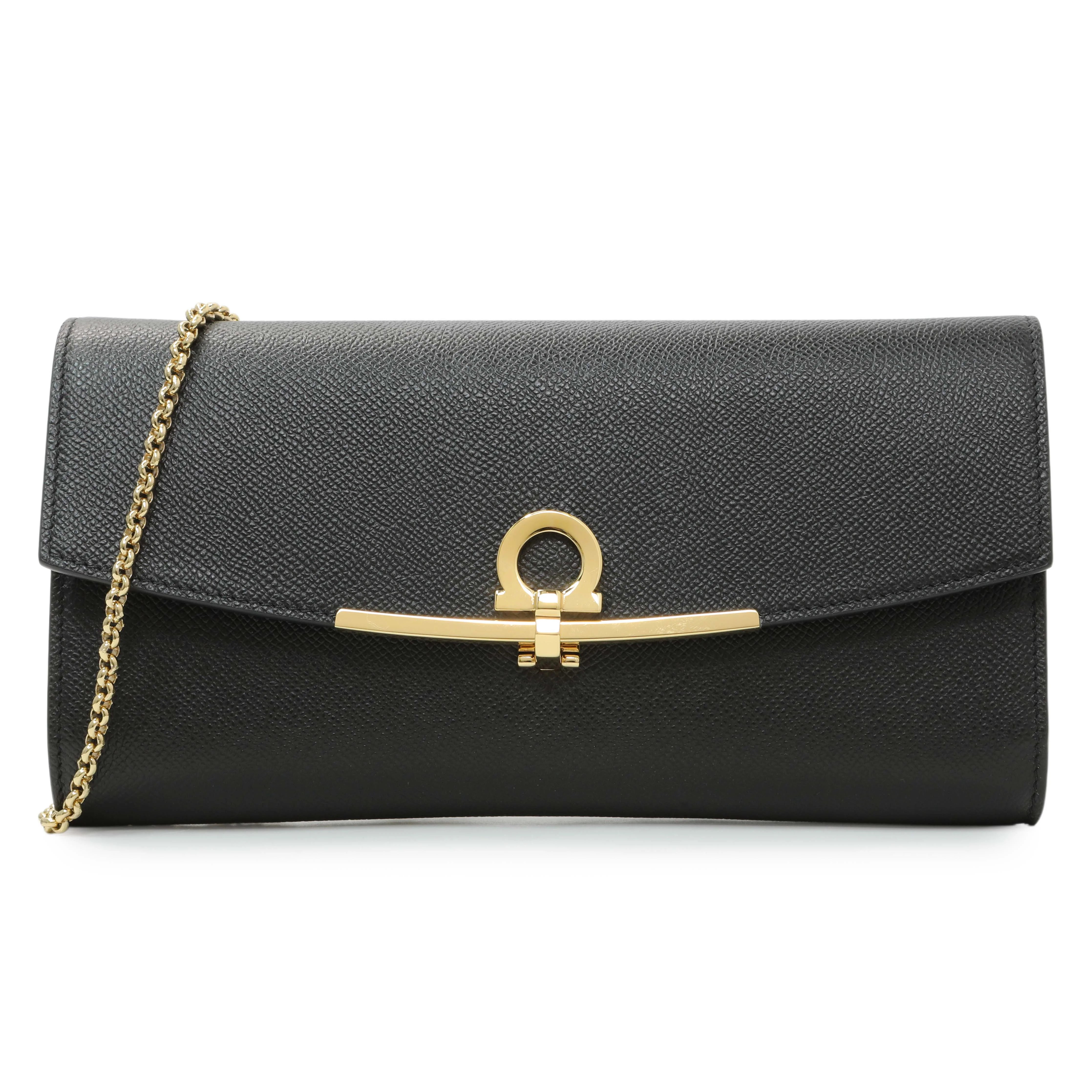 Salvatore Ferragamo Black Grained Calfskin Gancio Clasp Chain Clutch