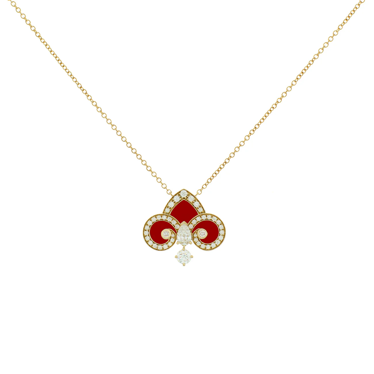 Tiffany & Co. 18K Yellow Gold Diamond Carnelian Fleur de Lis Pendant Necklace