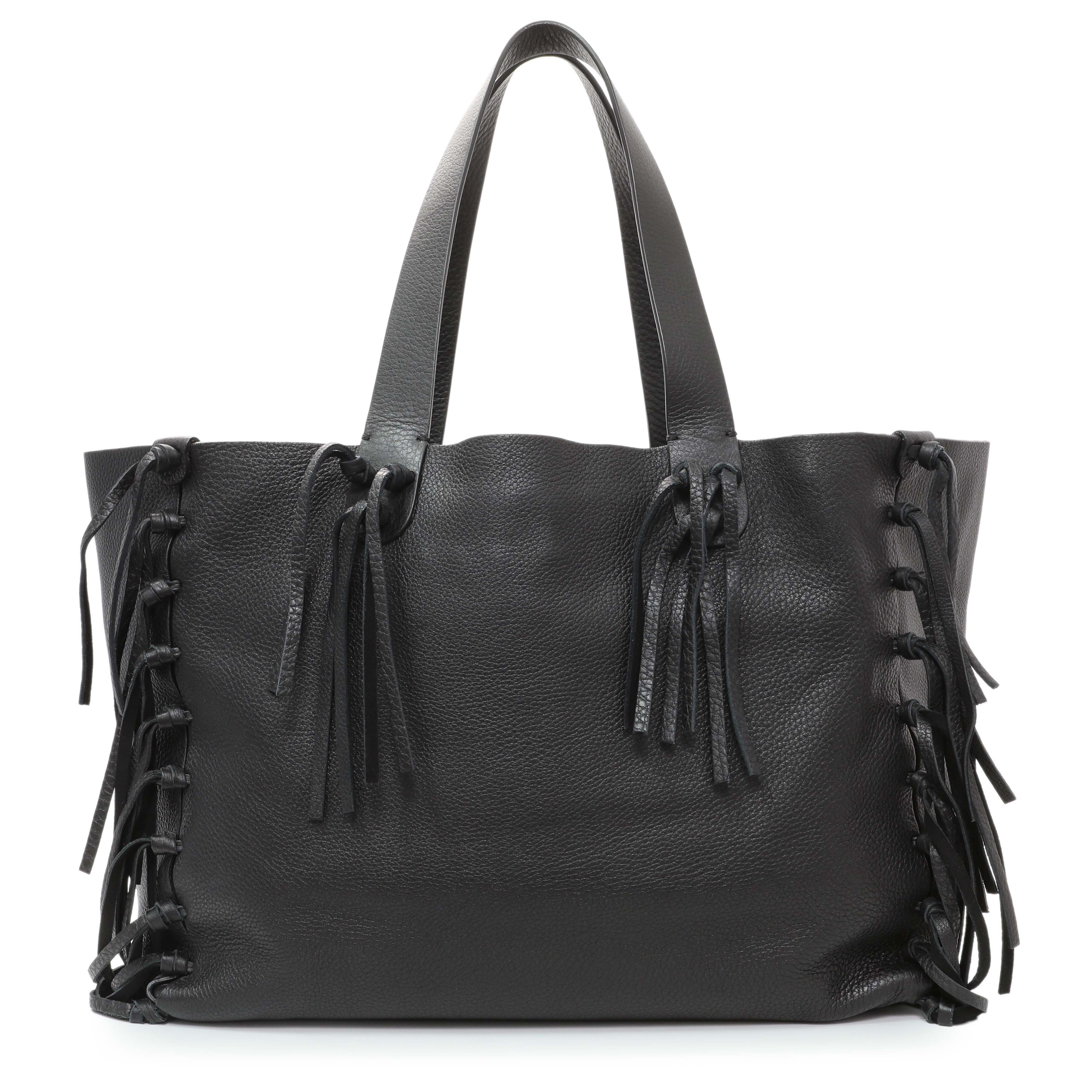 Valentino Black Grained Calfskin C-Rockee Fringe Tote