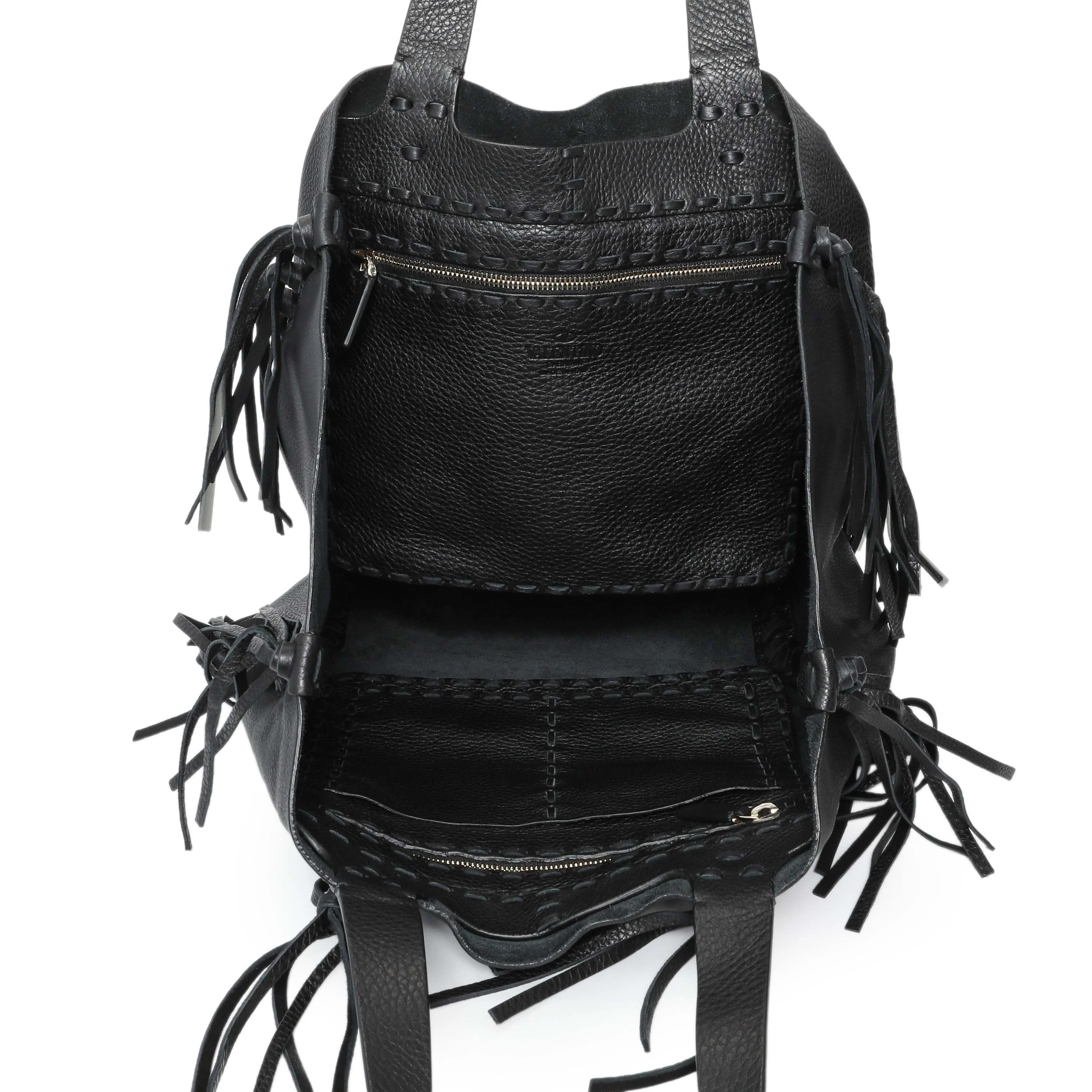 Valentino Black Grained Calfskin C-Rockee Fringe Tote - Image 4