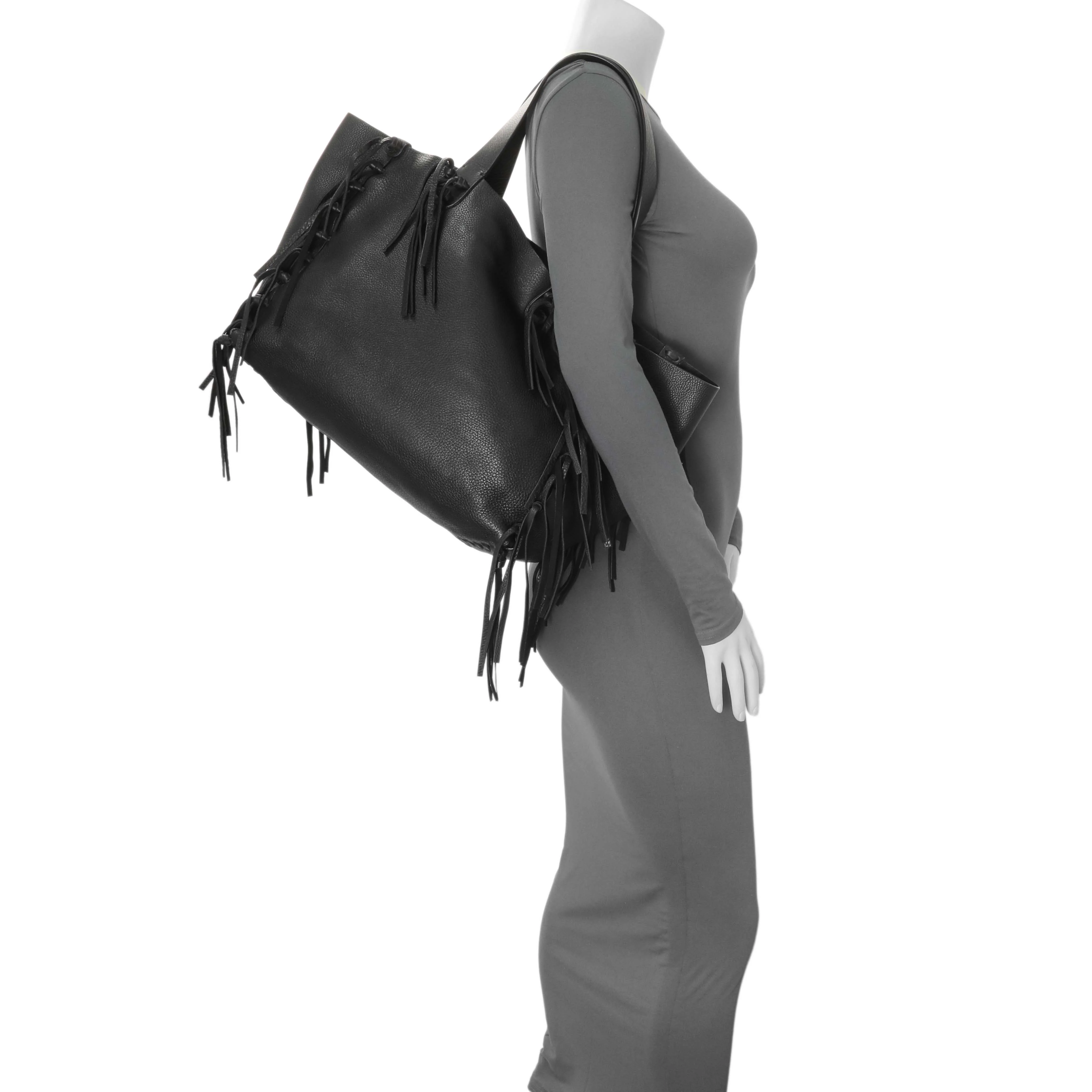 Valentino Black Grained Calfskin C-Rockee Fringe Tote - Image 7