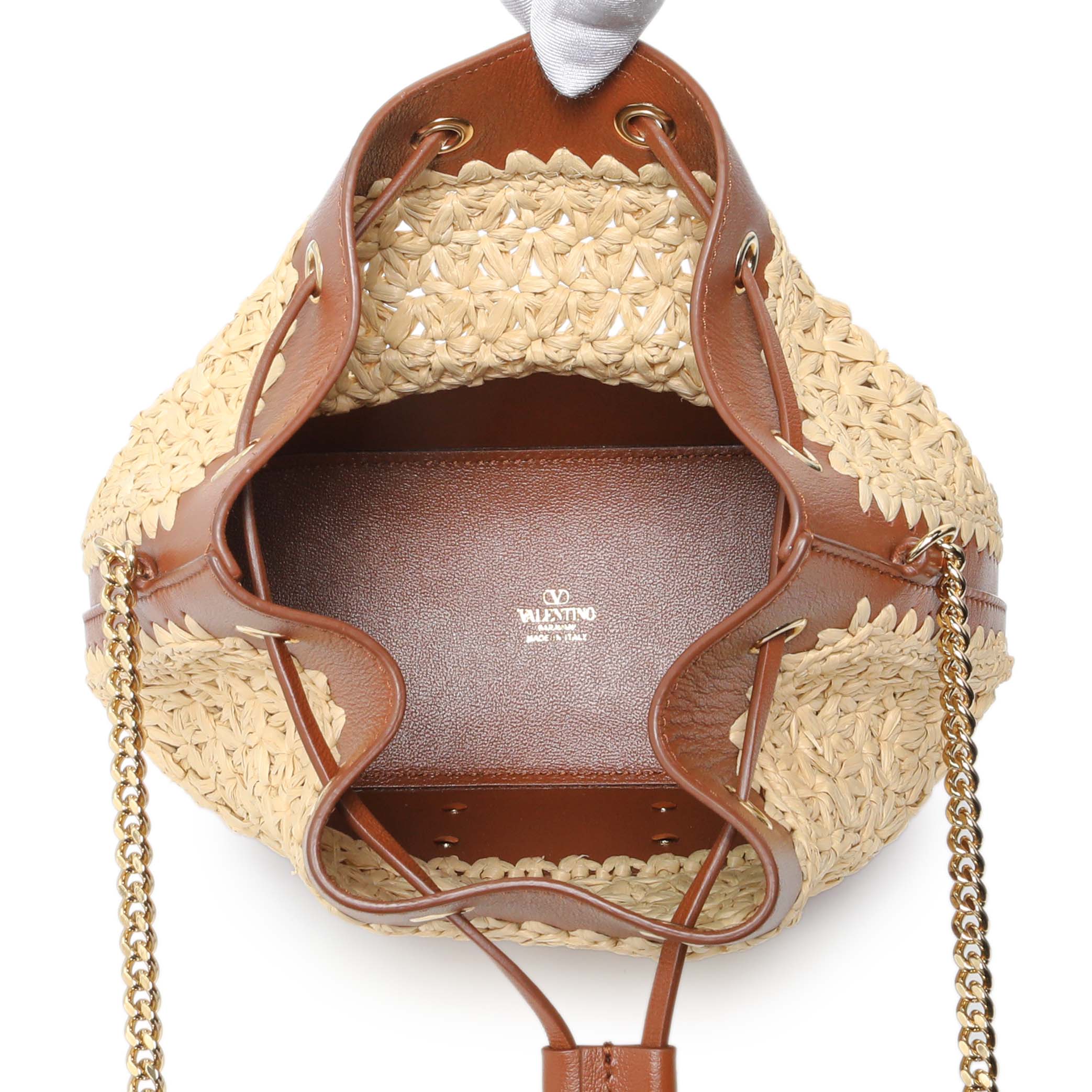 Valentino Raffia Calfskin Vlogo Bucket Bag - Image 4