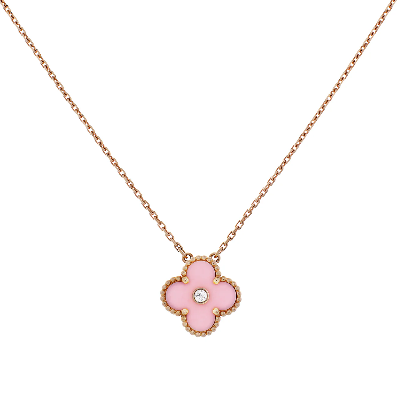 Van Cleef & Arpels 18K Rose Gold Porcelain Diamond Vintage Alhambra Pendant