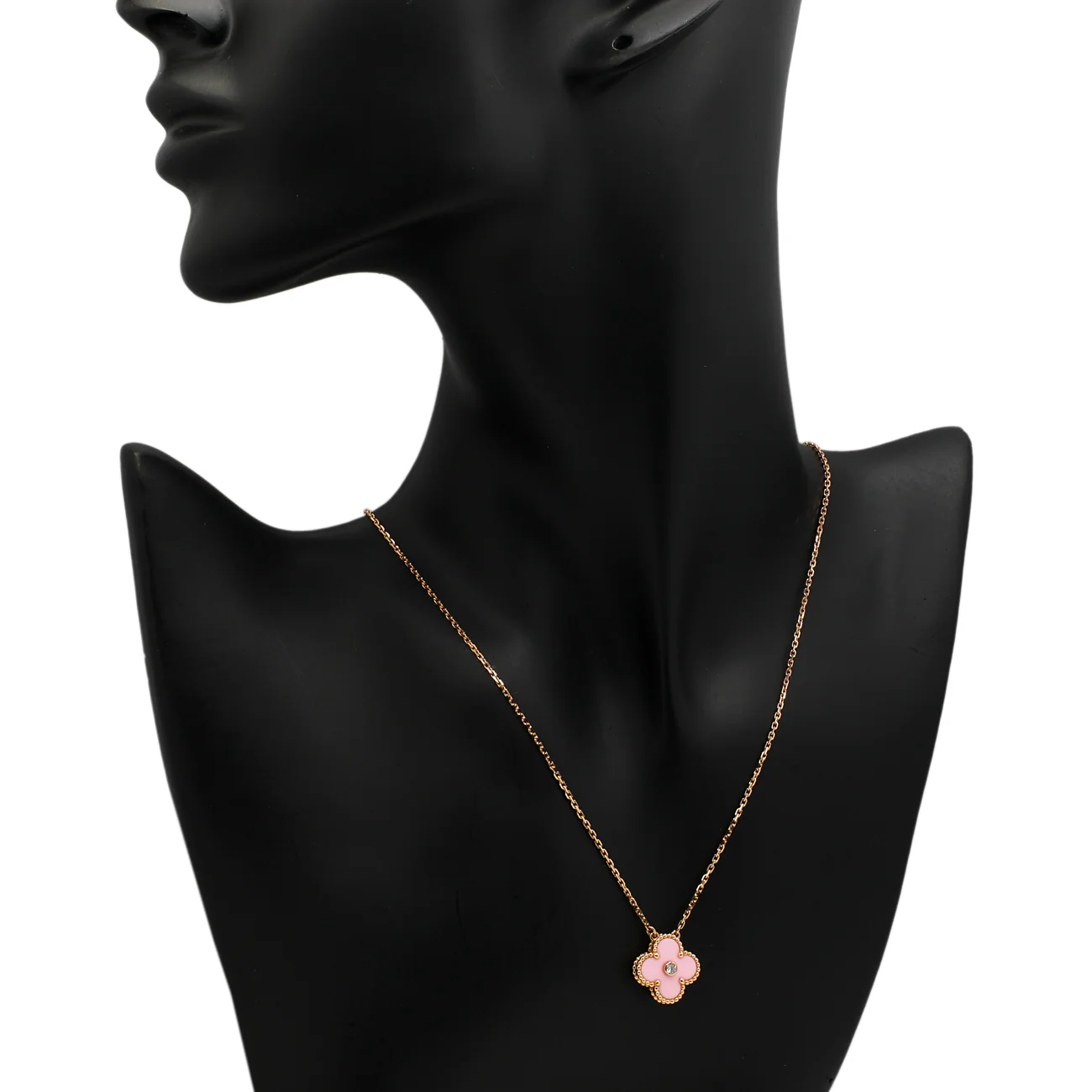 Van Cleef & Arpels 18K Rose Gold Porcelain Diamond Vintage Alhambra Pendant - Image 5