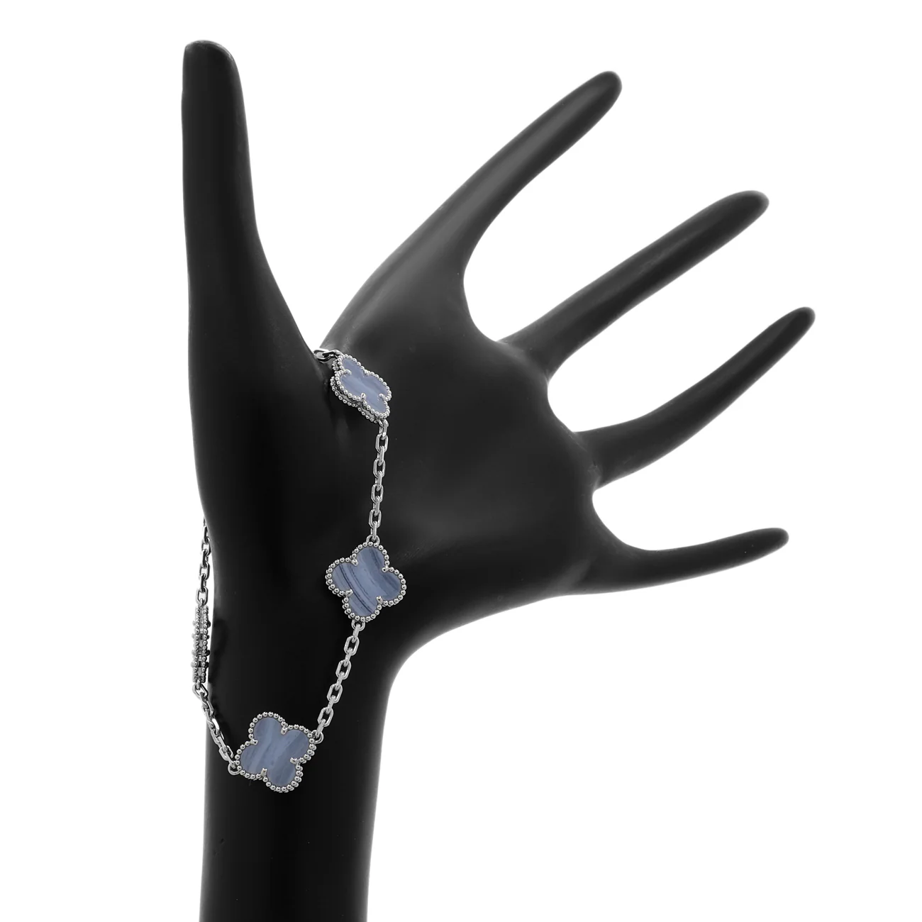 Van Cleef & Arpels 18K White Gold Chalcedony 5 Motifs Vintage Alhambra Bracelet - Image 4