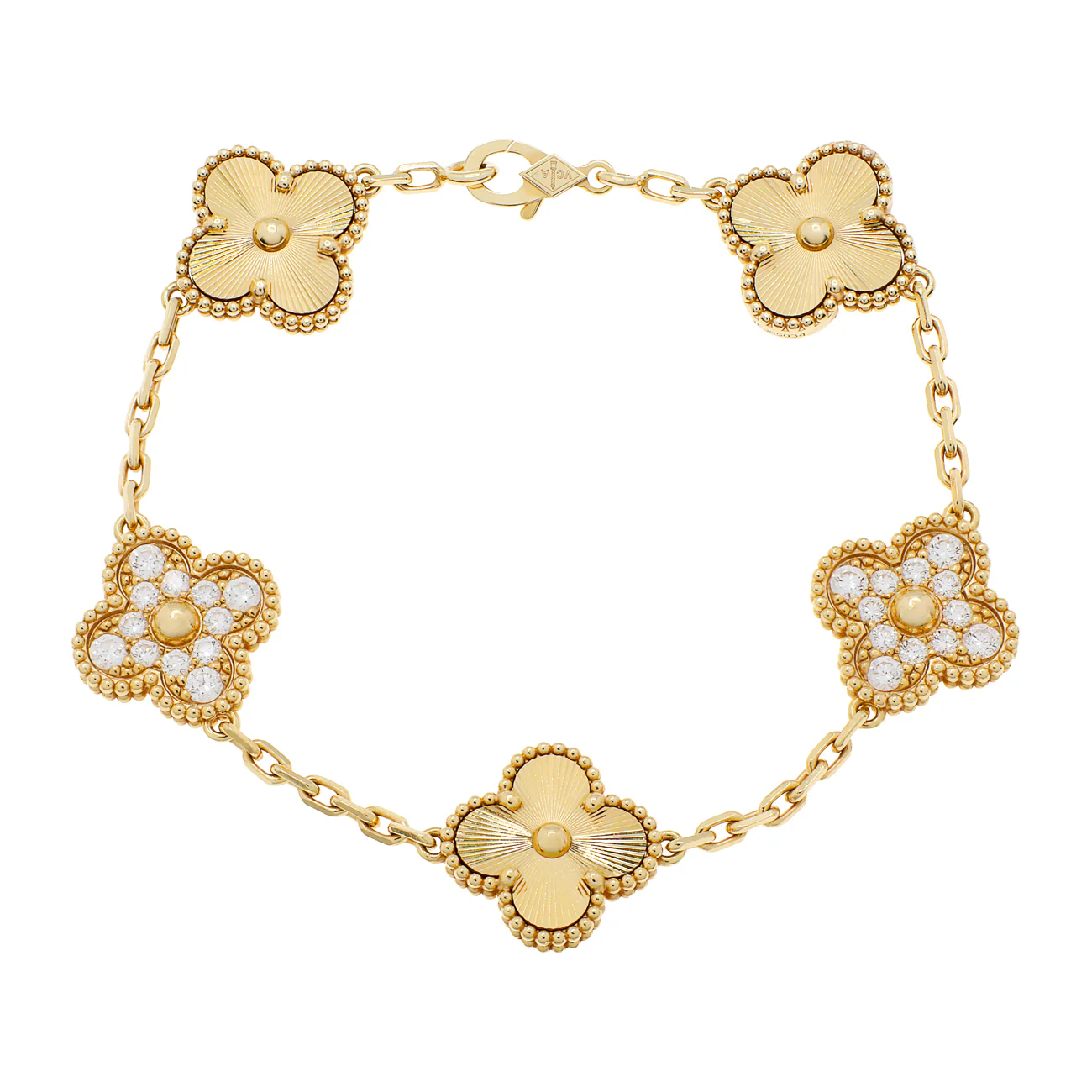 Van Cleef & Arpels 18K Yellow Gold Diamond 5 Motifs Vintage Alhambra Bracelet