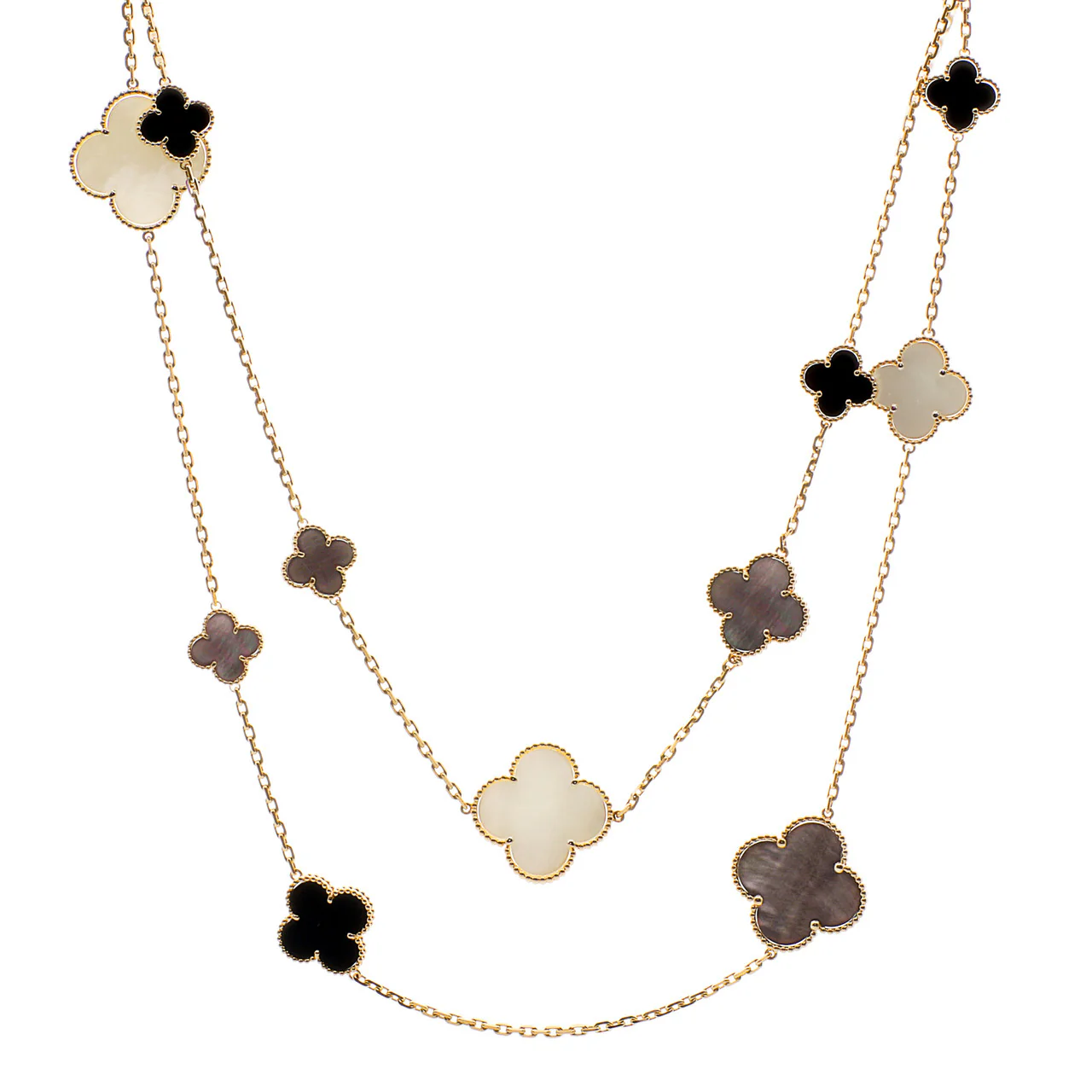 Van Cleef & Arpels 18K Yellow Gold Mother of Pearl Onyx Magic Alhambra 16 Motif Necklace