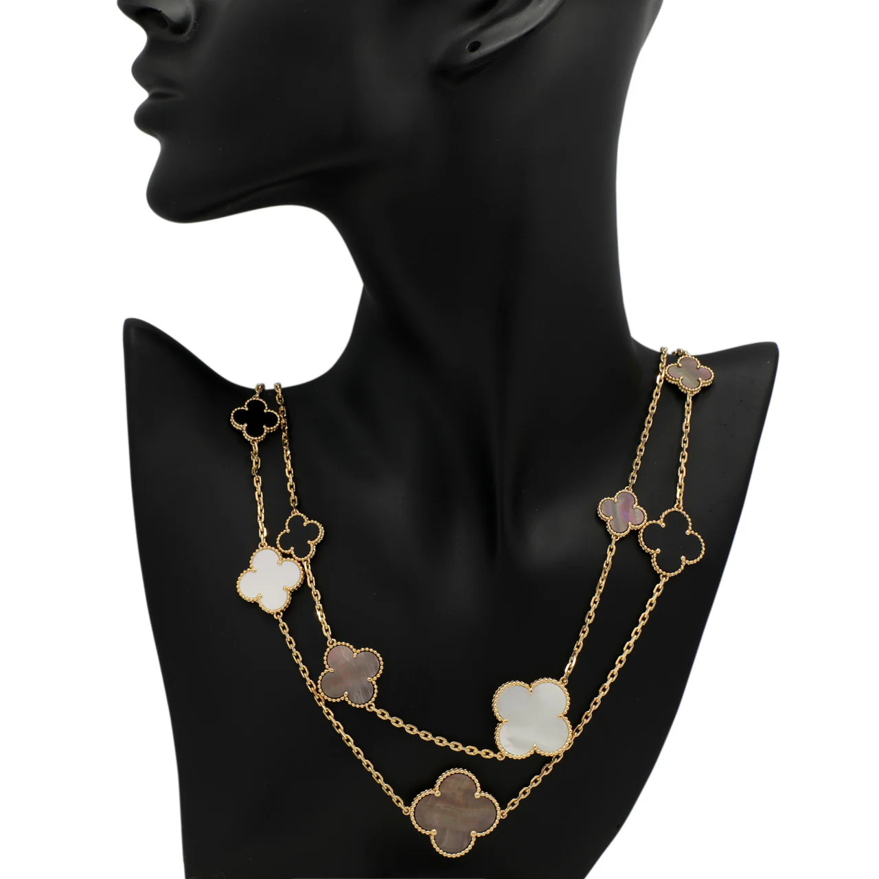 Van Cleef & Arpels 18K Yellow Gold Mother of Pearl Onyx Magic Alhambra 16 Motif Necklace - Image 3