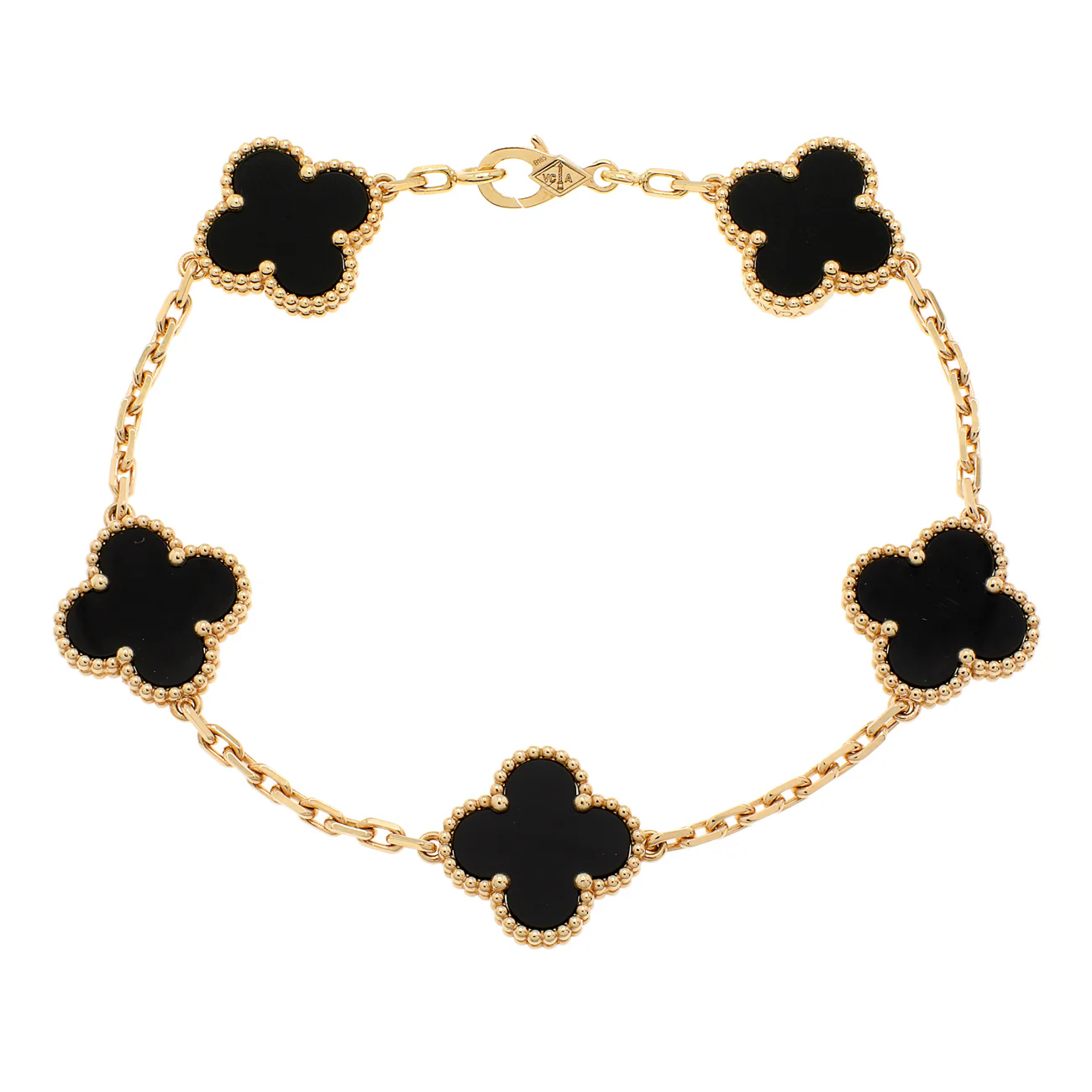 Van Cleef & Arpels 18K Yellow Gold Onyx 5 Motifs Vintage Alhambra Bracelet