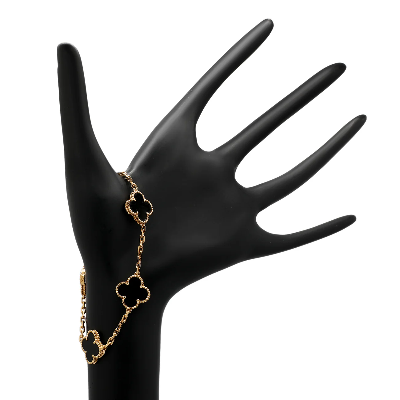 Van Cleef & Arpels 18K Yellow Gold Onyx 5 Motifs Vintage Alhambra Bracelet - Image 4