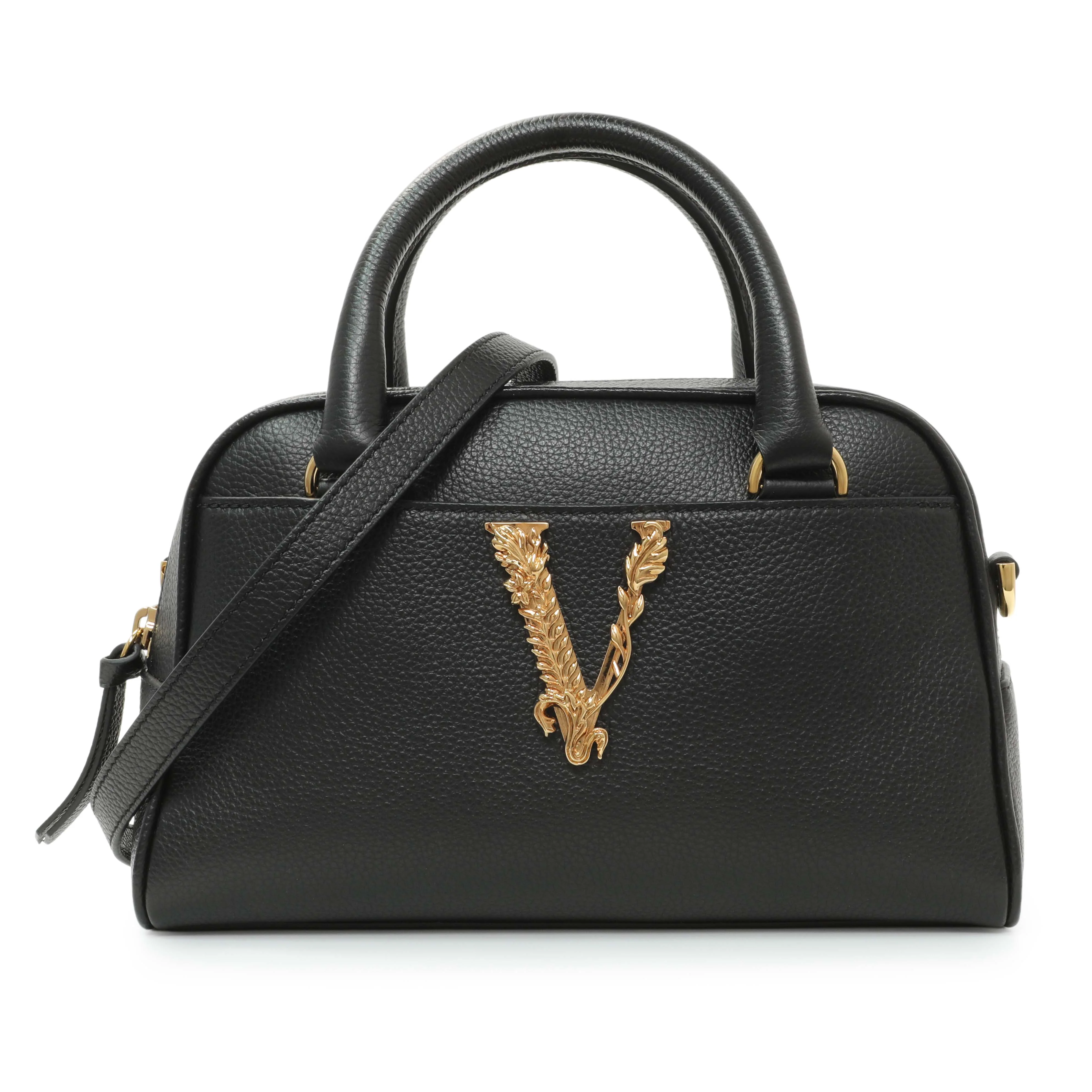 Versace Black Grained Calfskin Virtus Small Bowling Bag