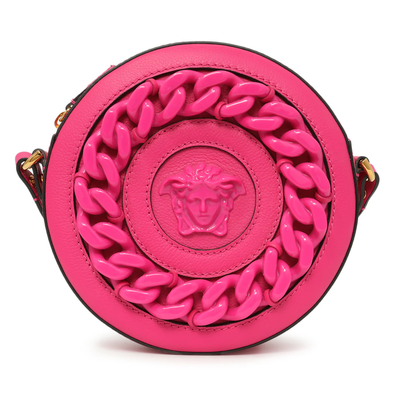 Versace Fuchsia Calfskin La Medusa Mini Round Disco Chain Crossbody Bag - Image 2