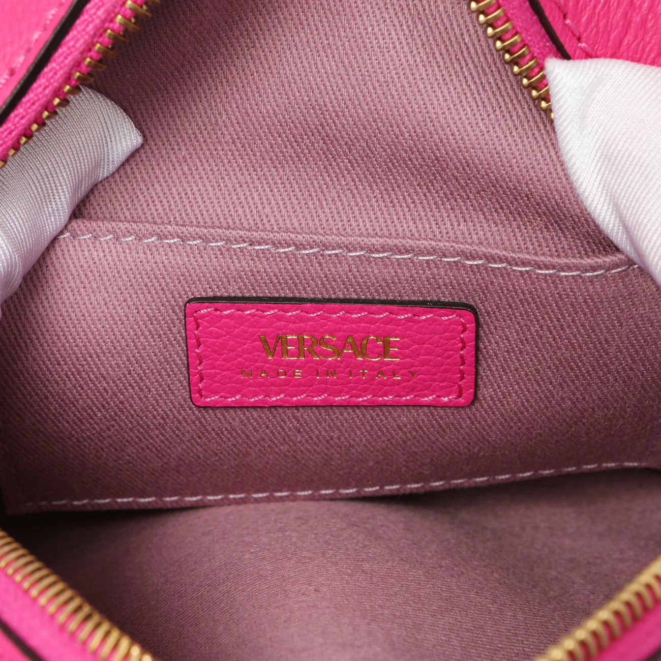 Versace Fuchsia Calfskin La Medusa Mini Round Disco Chain Crossbody Bag - Image 6